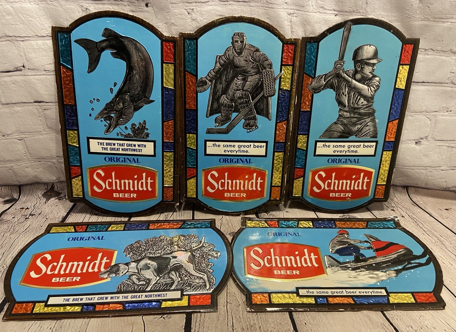 Vintage Schmidt Beer Signs Lot of 5 Foil Cardboard Sportsmen\'s Set Embossed 1973