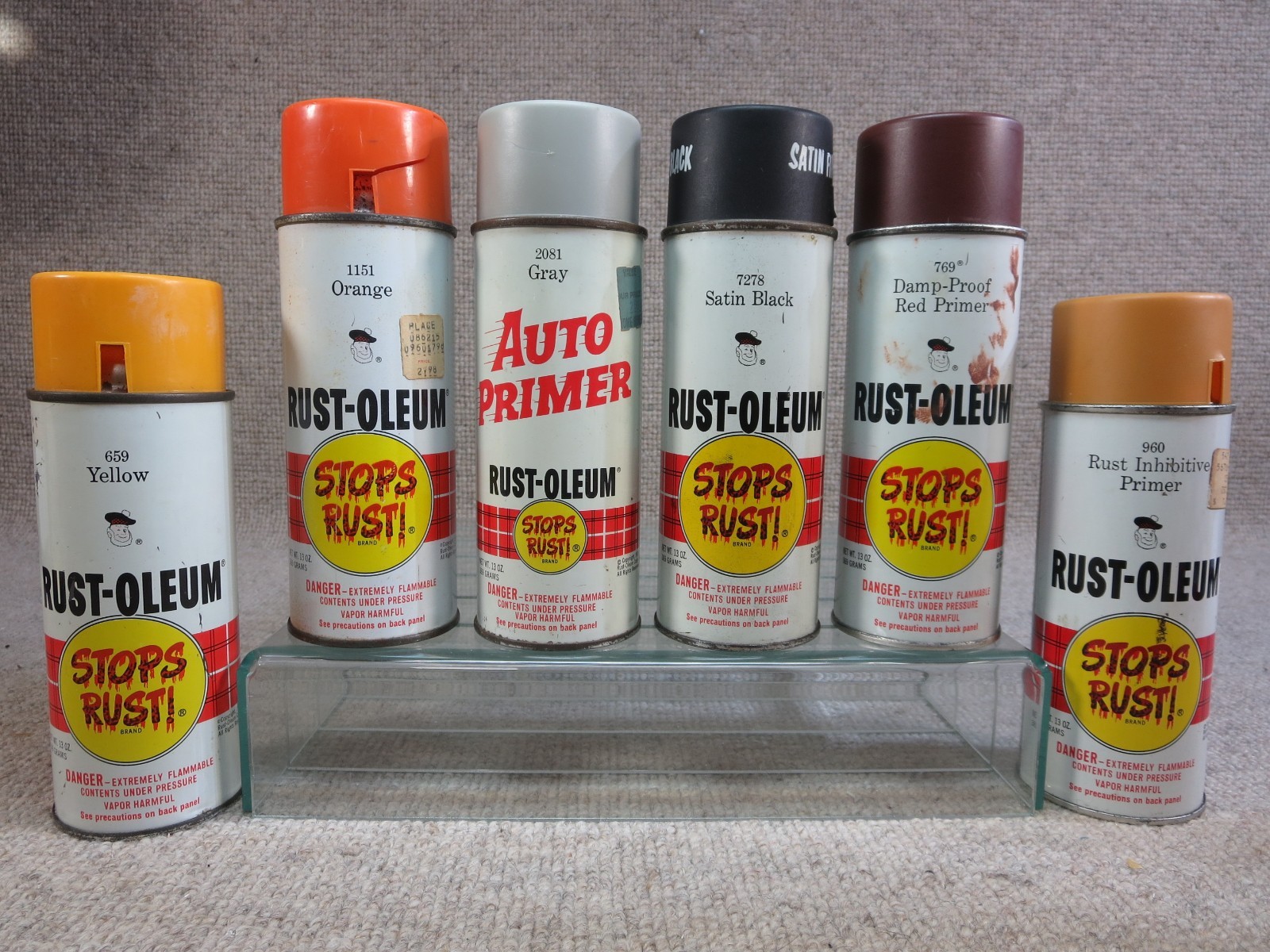 6 Vtg Rustoleum Spray Paint Can Lot Small Face Scotty 1973-76 Orange Yellow 6 Vtg Rustoleum Spray Paint Can Lot Small Face Scotty 1973-76 Orange Yellow