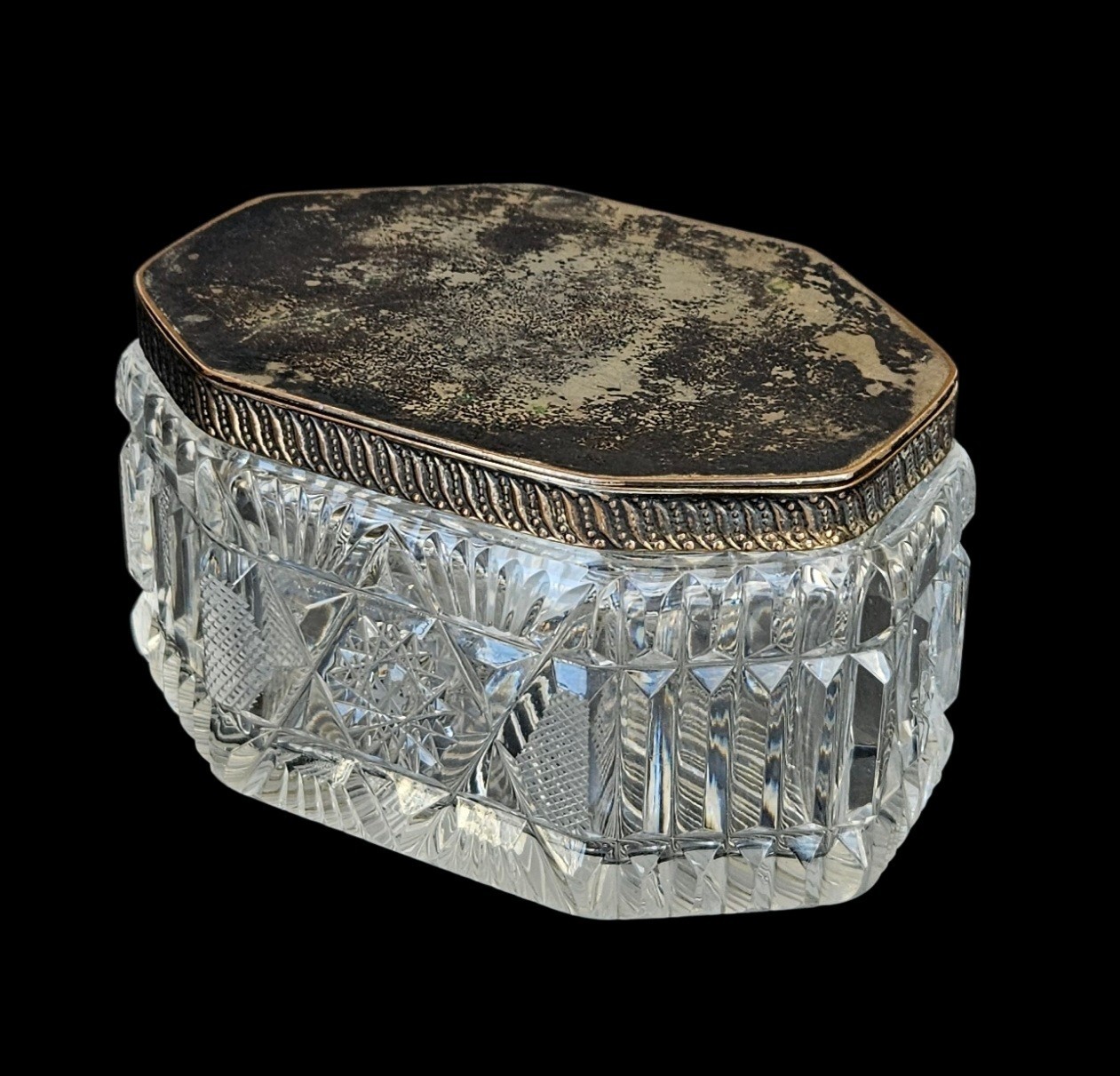 Antique French Cut Crystal Jewelry Casket Silverplate Vanity Box