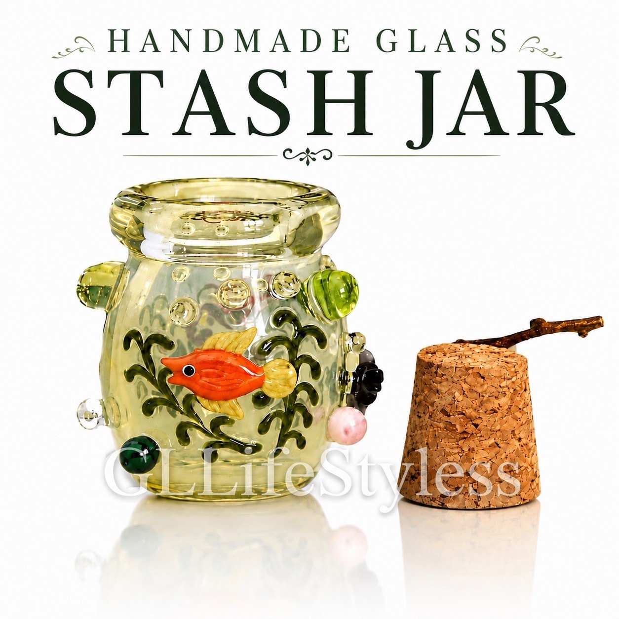 THICK Handblown Glass Marine Life Stash Jar Storage, Collectible Jars Cork Top THICK Handblown Glass Marine Life Stash Jar Storage, Collectible Jars Cork Top