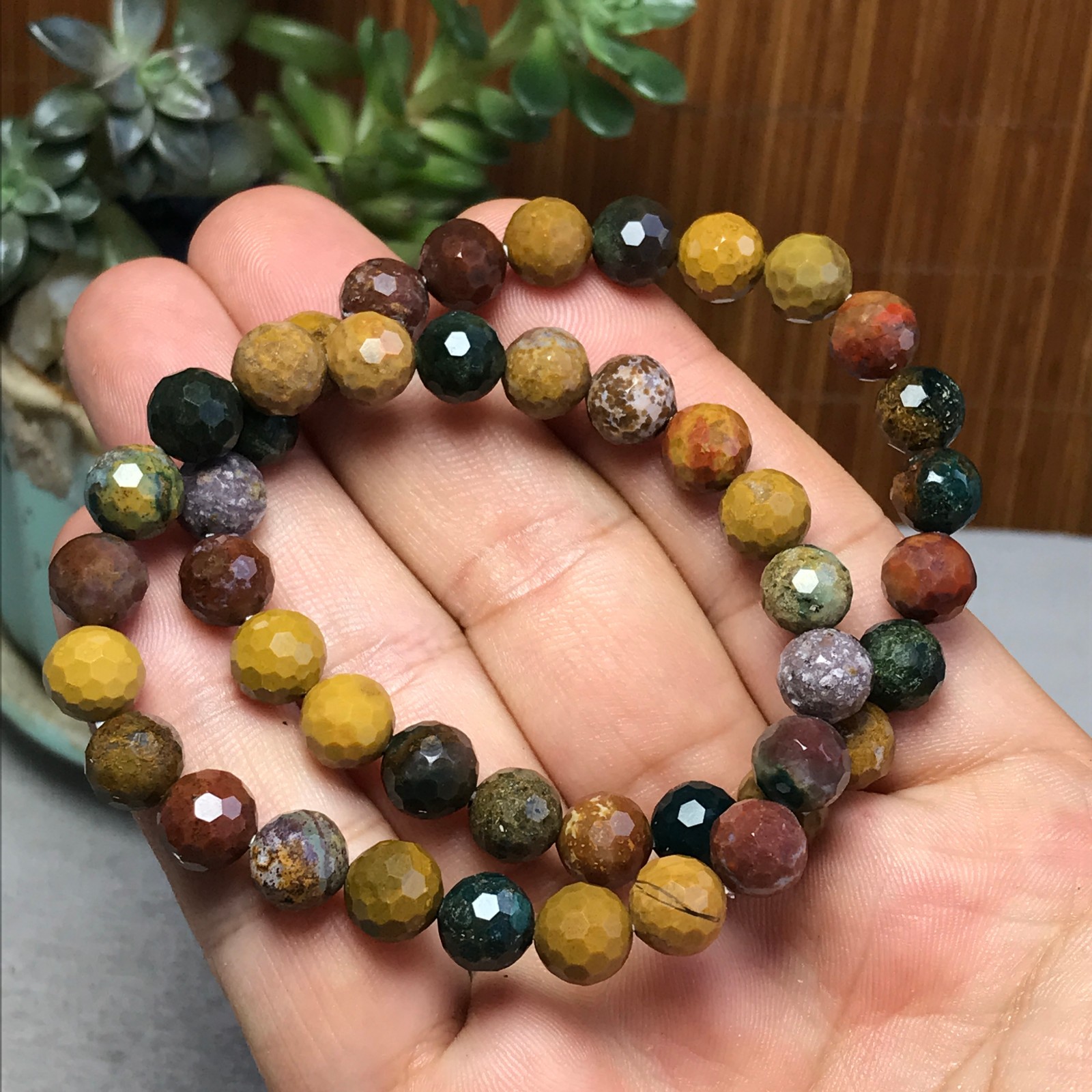 2Pcs Wholesal Natural Ocean Jasper  bracelets Crystal ball sphere facet 8mm 7682
