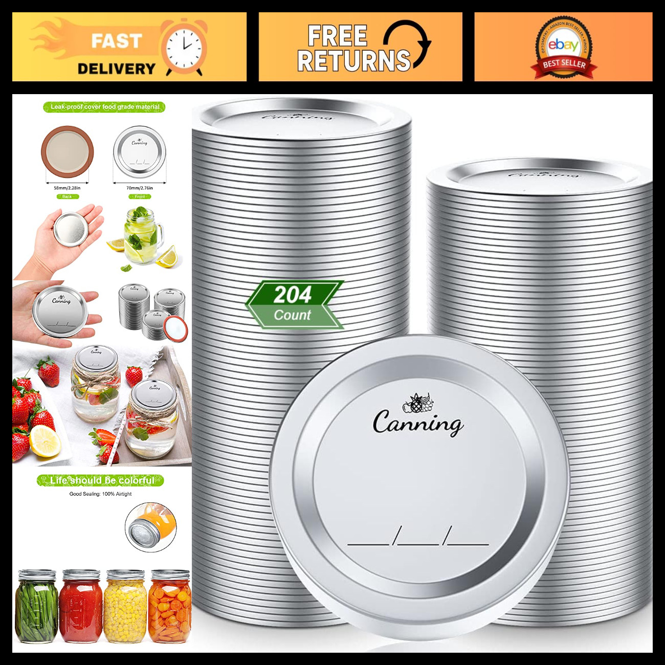 204 Pack Regular Mouth Canning Lids for Mason Jars - 70mm, Airtight Seal, BPA-Fr