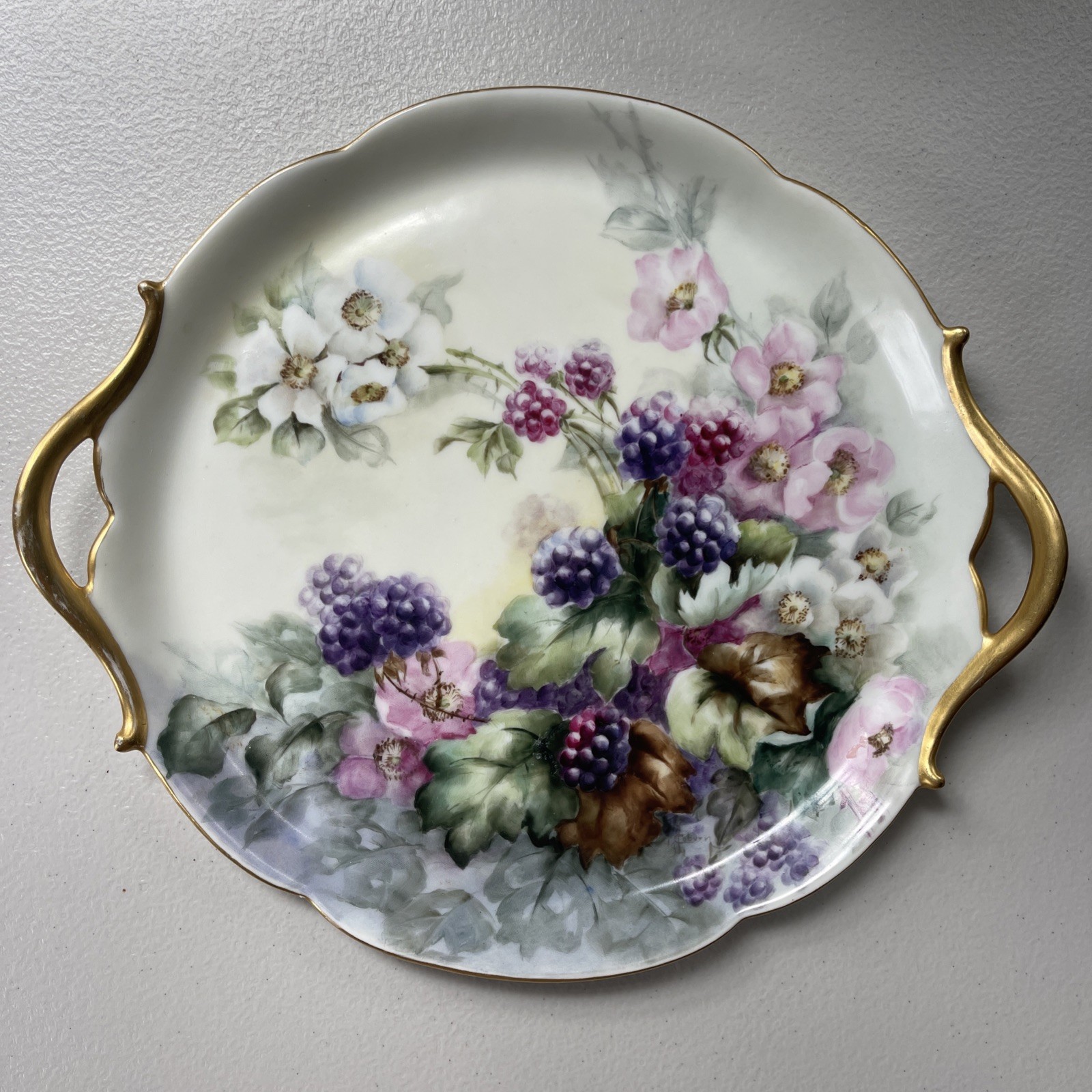 Antique T&V Limoges France Hand Painted Berry Floral Tray Gold Handles Signed