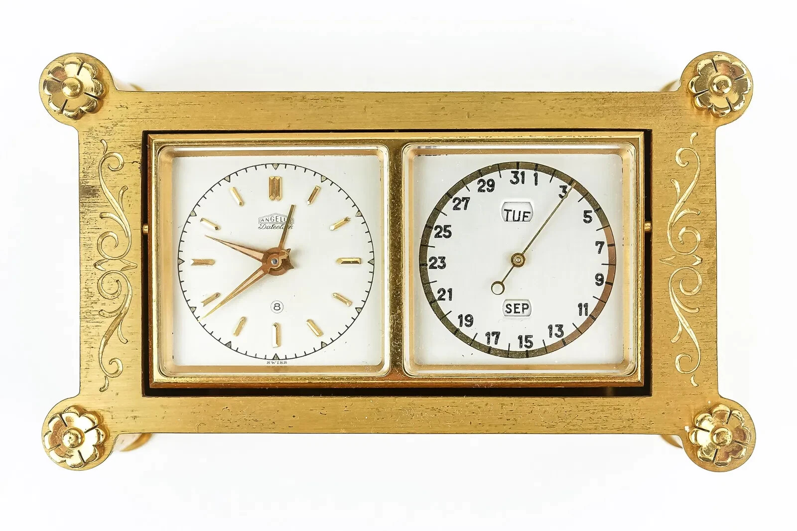 VINTAGE CASED 1940\'s SWISS ANGELUS DOUBLE DIAL 8 DAYS MOVEMENT GILT BRASS CLOCK
