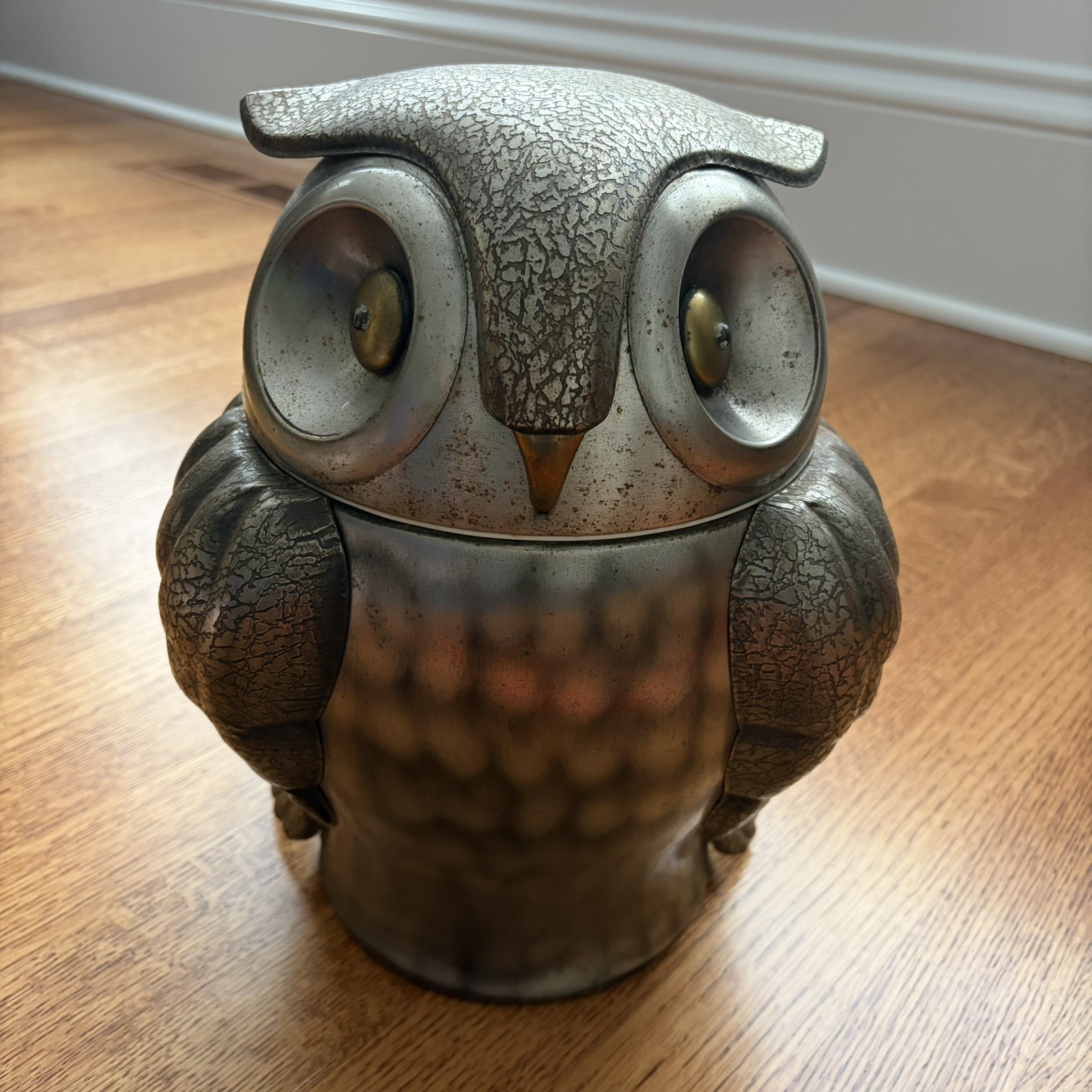 Vintage Seymour Mann Pewtertone Owl Ice Bucket Olde Tankardware Rustic MCM 