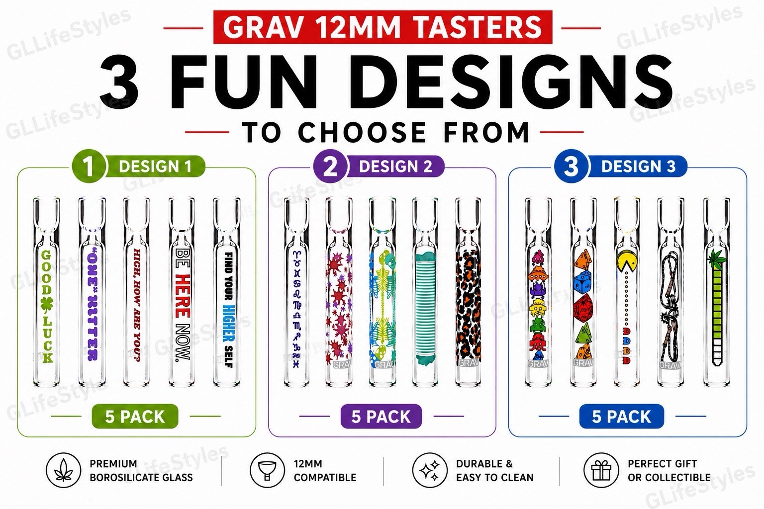 GRAV® NEW 5 PACK OF 12mm TASTERS 3 FUN DESIGNS To Choose From,  $30+