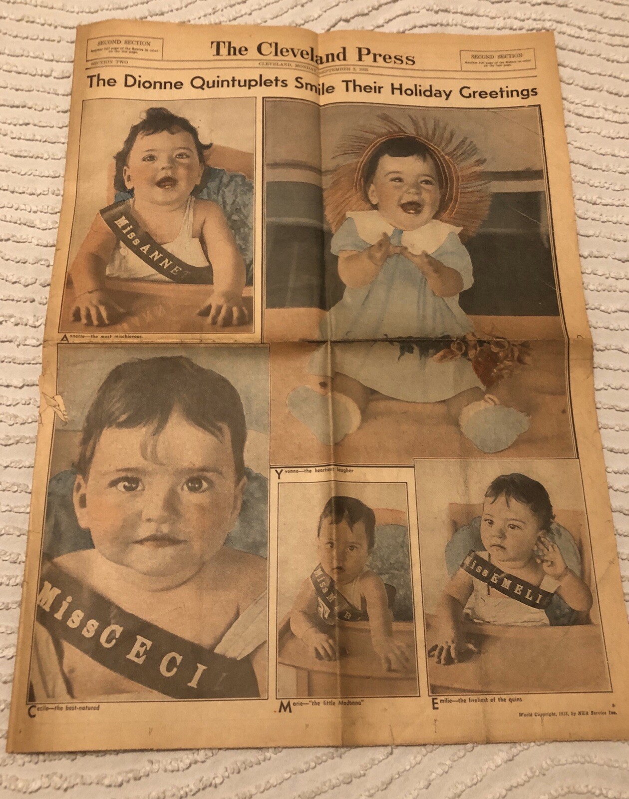 VINTAGE 1935 DIONNE QUINTUPLETS QUINS THE CLEVELAND PRESS NEWSPAPER PHOTO SHOOT
