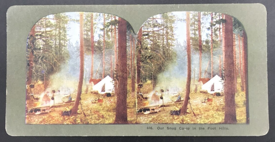 c1900s TW Ingersoll Stereoview #446 Our Snug Camp In The Foot Hills Hunting