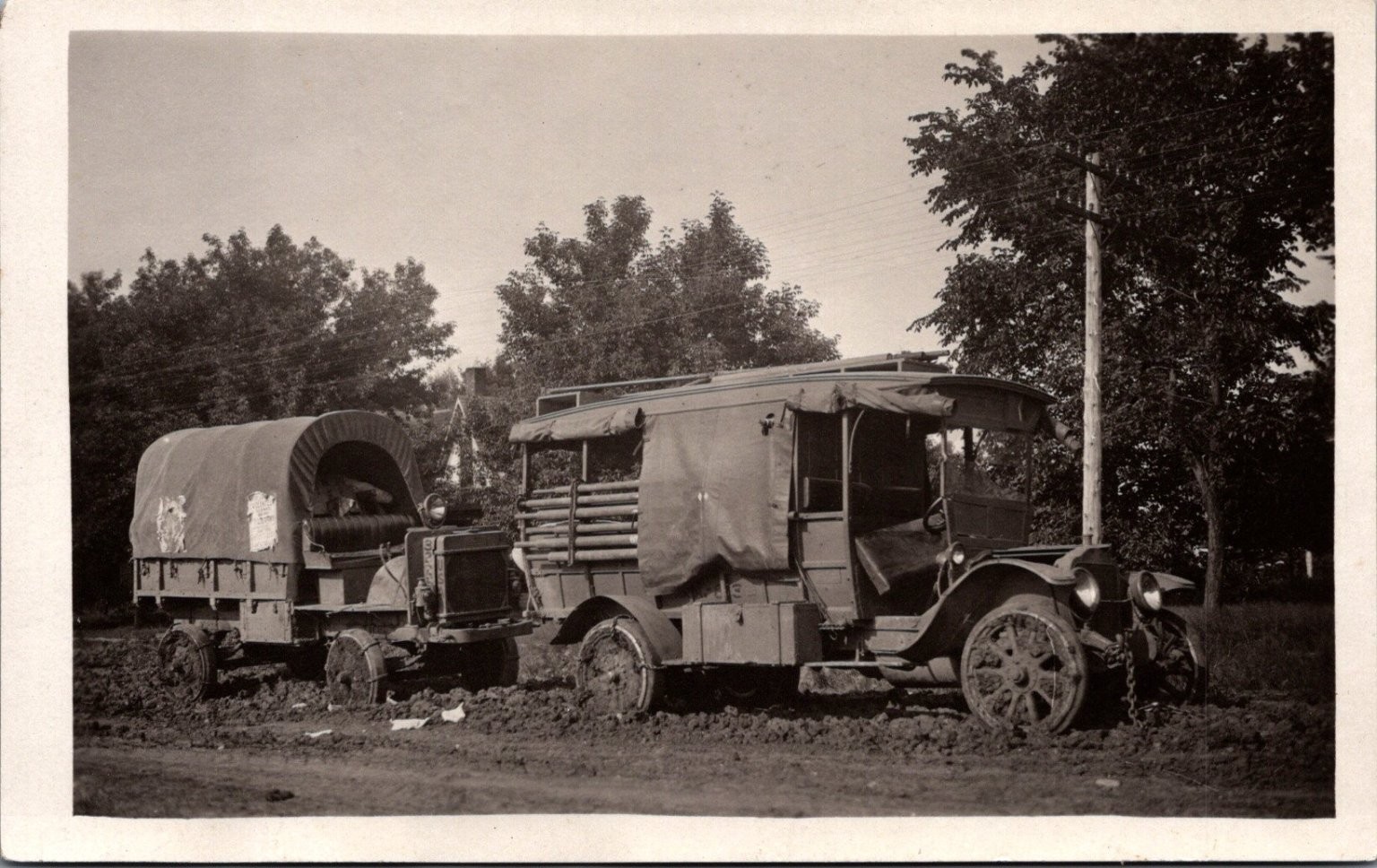 Vintage Real Photo Postcard Army Military Truck & Trailer Muddy Road RPPC