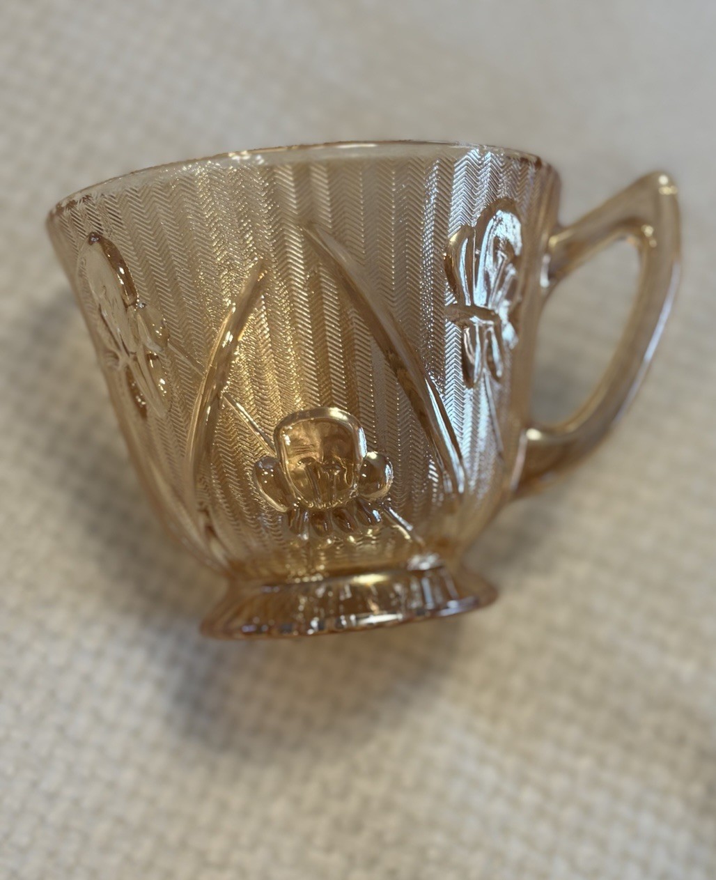 Jeannette Iris & Herringbone Marigold Handled Footed Cup 4 oz Carnival Glass