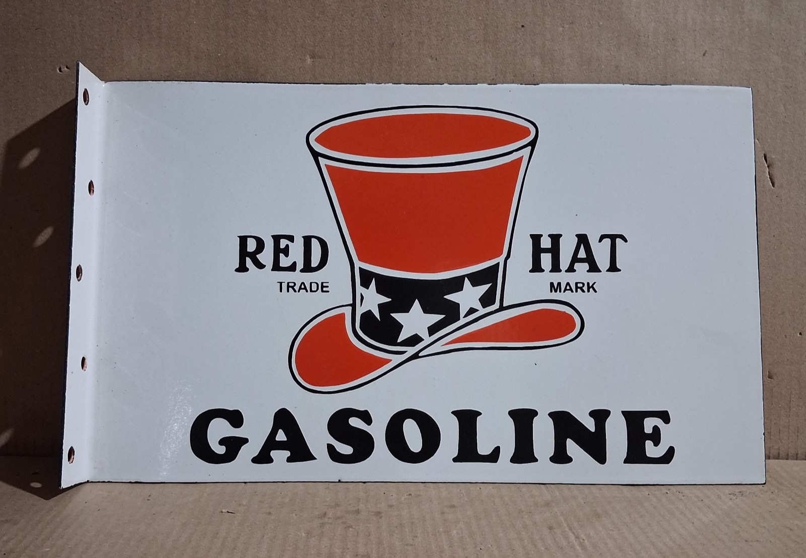 Red Hat Gasoline Porcelain Enamel Sign  18 x 10 Inches 2 Sided