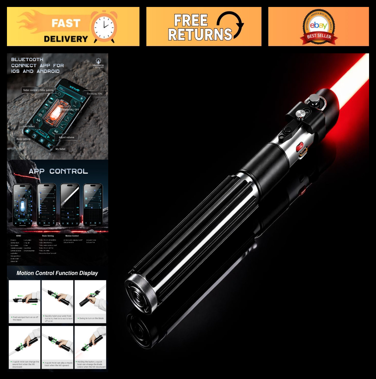 Bluetooth Lightsaber with Smooth Swing, 16 Sound Fonts, Color Change & Motion Co Bluetooth Lightsaber with Smooth Swing, 16 Sound Fonts, Color Change & Motion Co