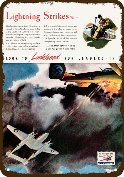 1942 WWII LOCKHEED P-38 Lightning Fighter Airplane DECORATIVE REPLICA METAL SIGN