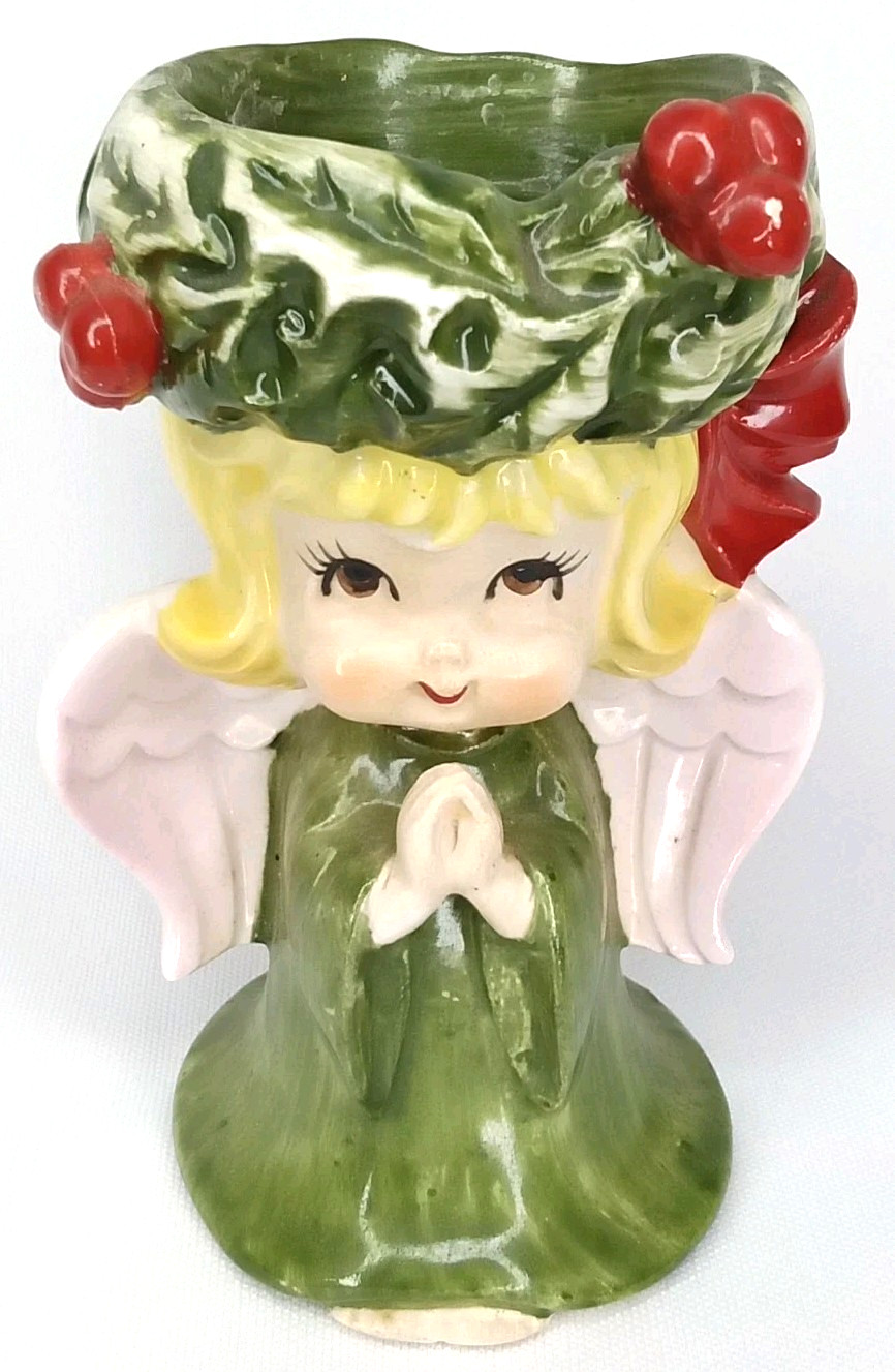 Vintage 1950s Lefton Ceramic Angel Christmas Candle Holder With Original Sticker