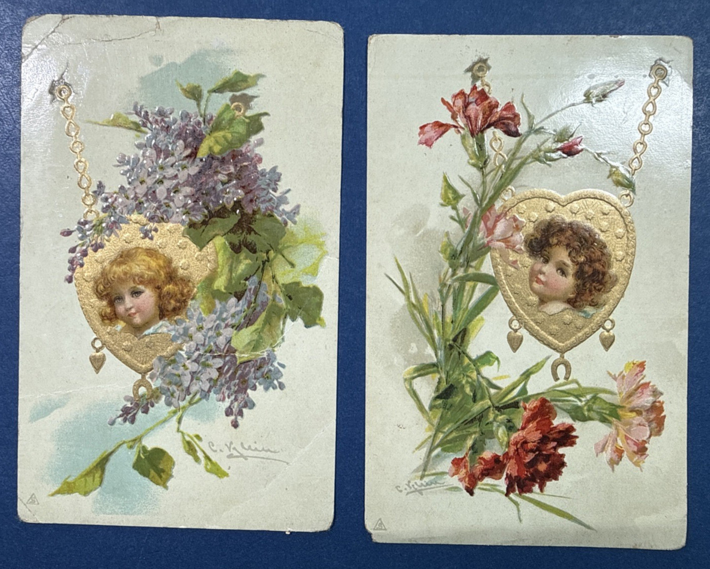 SET 2 Children Greetings Antique Postcards. EMB. Flowers. Gold Hearts