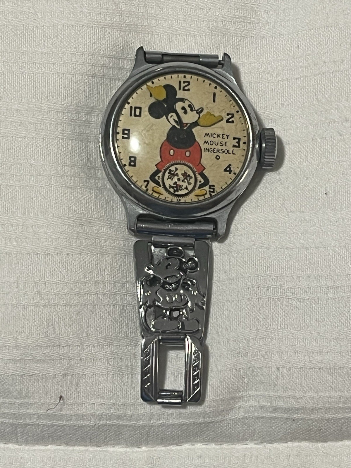 Vintage 1930’s Ingersoll Mickey Mouse Watch With Band-Not Running 
