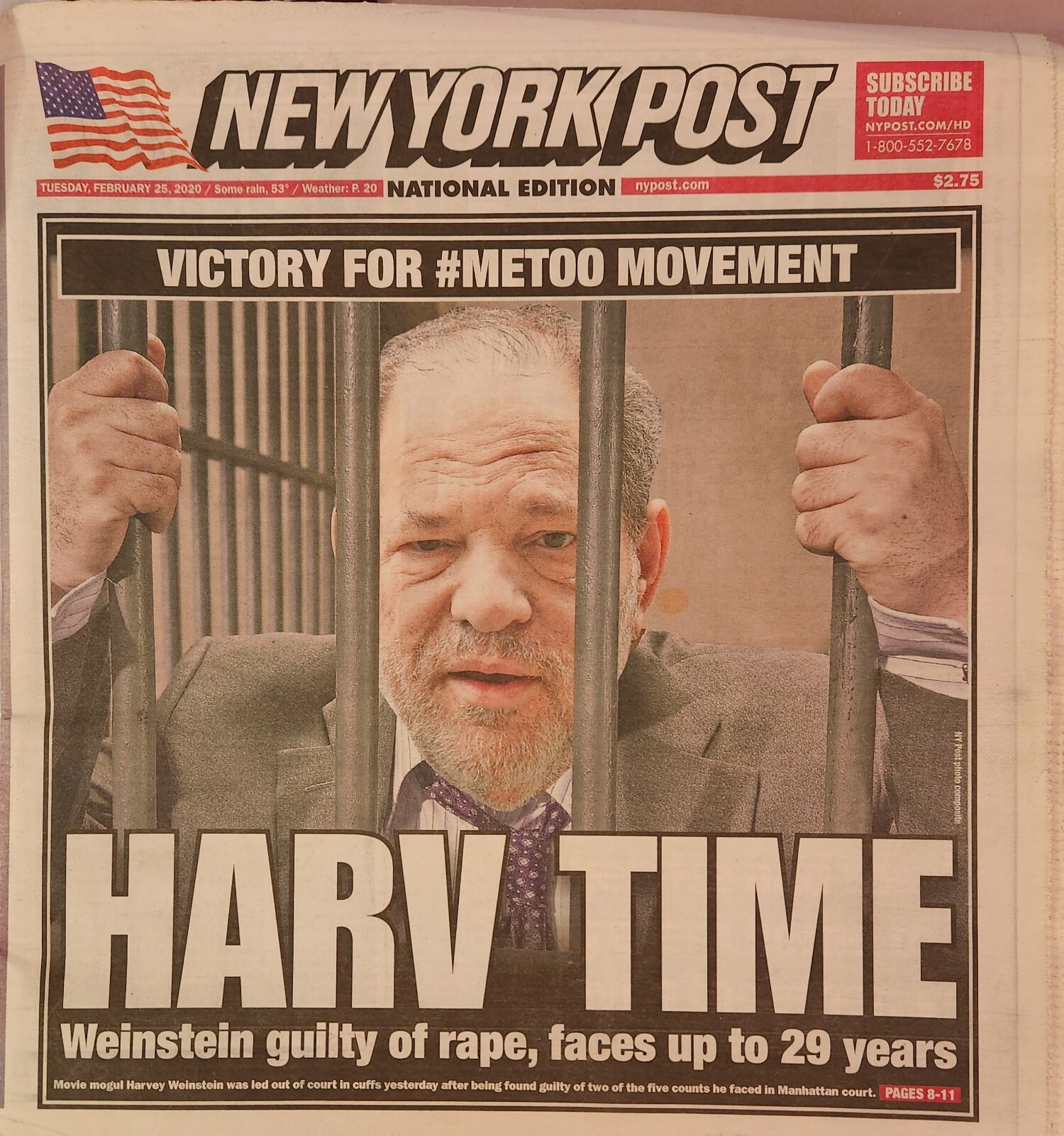 HARVEY WEINSTEIN - NEW YORK POST NEWSPAPER - FEBRUARY 25, 2020 - BRAND NEW