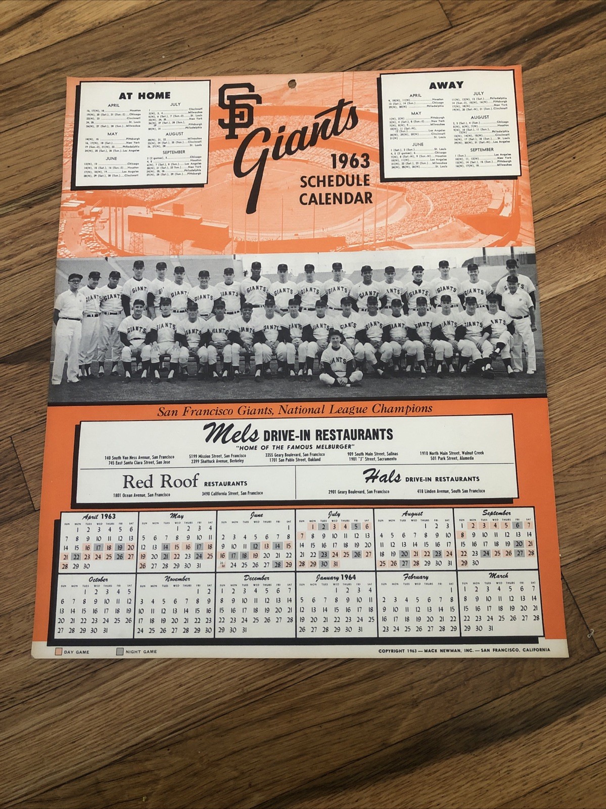 VINTAGE 1963 SF GIANTS CALENDAR TEAM PICTURE, LEAGUE CHAMPIONS