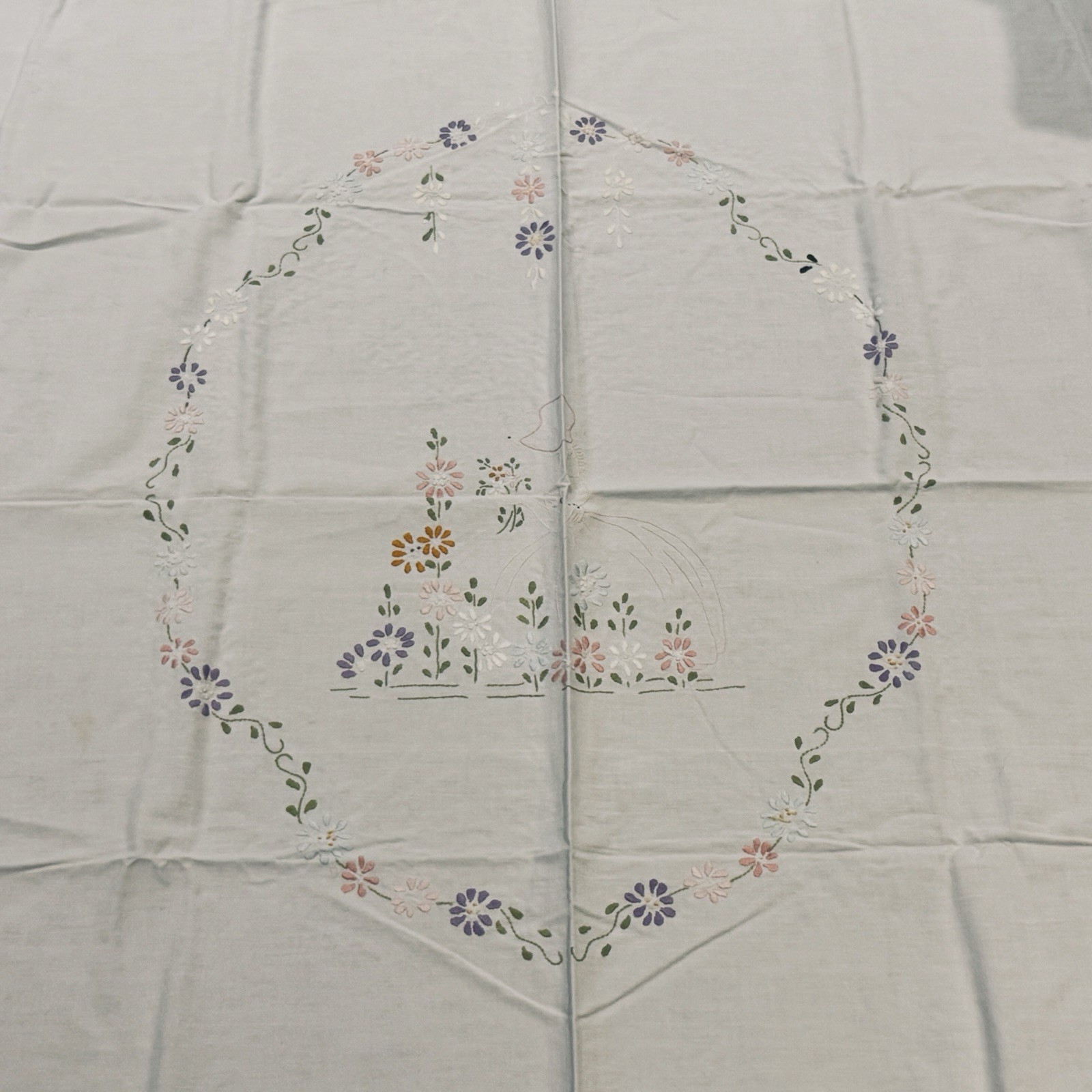 Vintage Embroidered Crinoline Lady Tablecloth Large Linen 82\