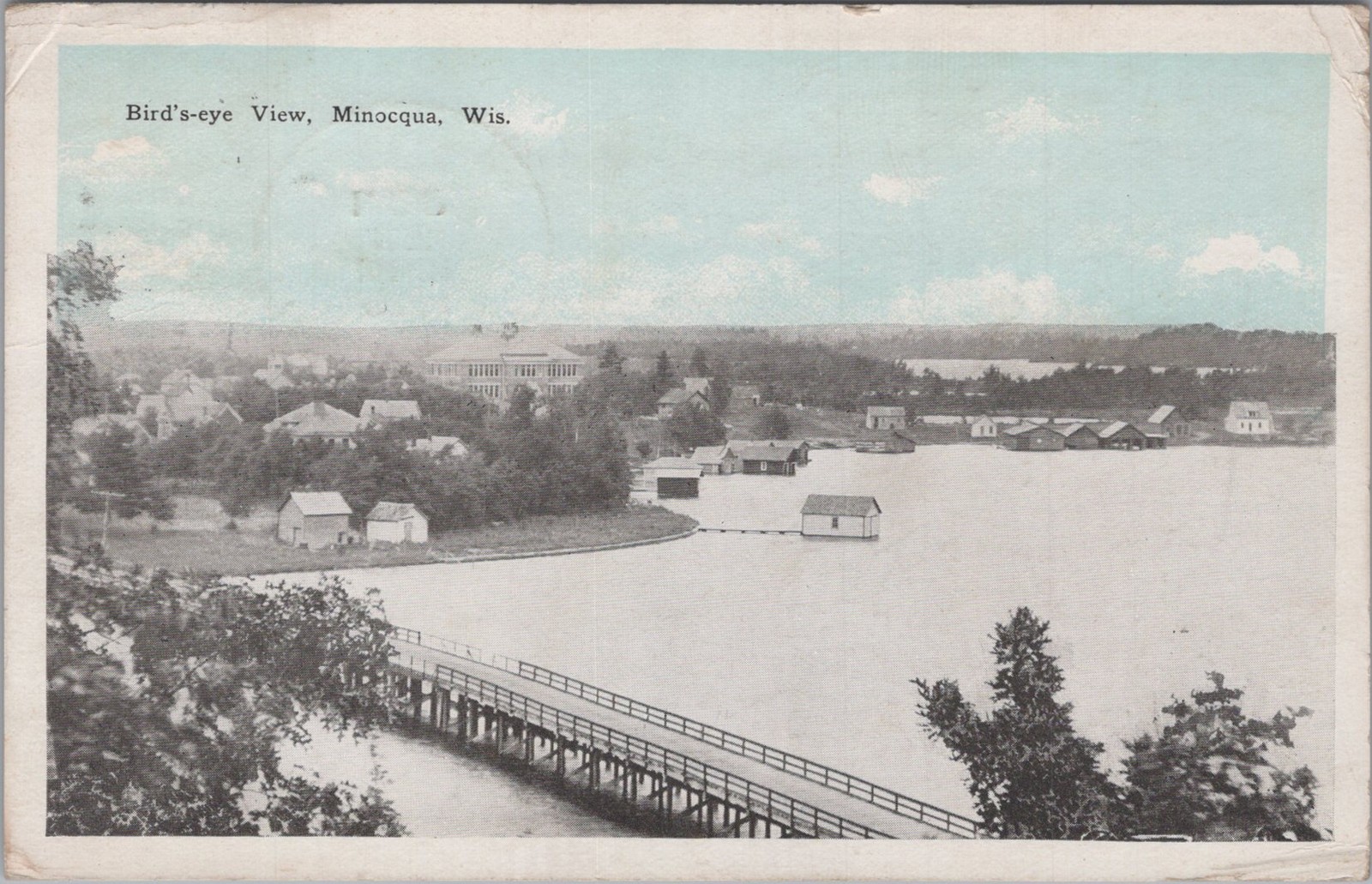 Birds Eye View Minocqua Wisconsin WI Lake Bridge Trestle Schilling 1925 Postcard