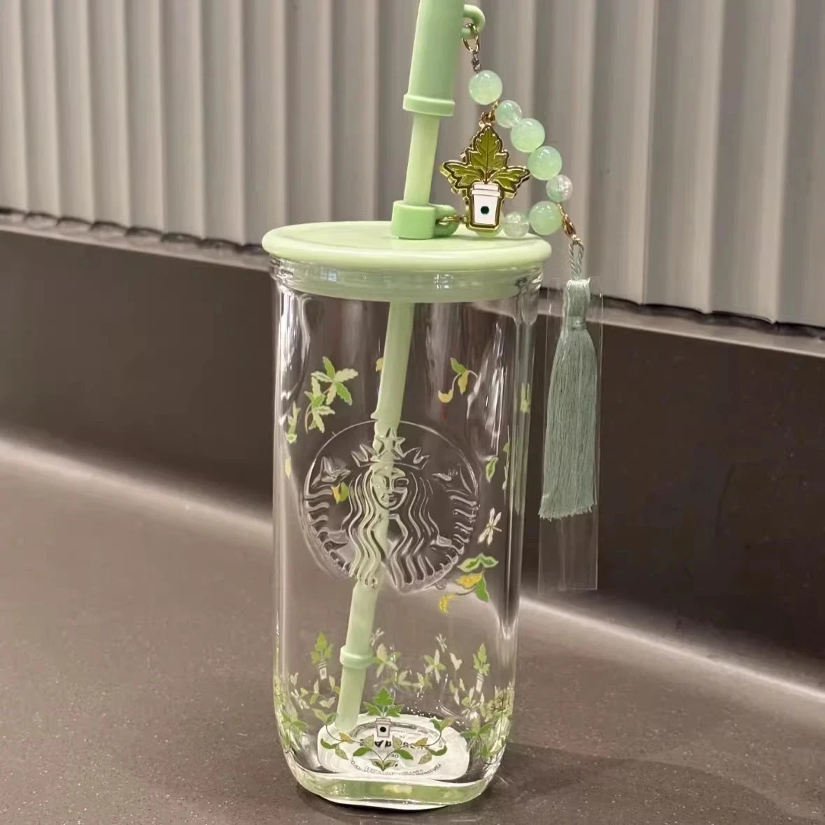 Starbucks China 2026 Spring Auspicious Pattern 18oz Glass Straw Cup w/ Charm