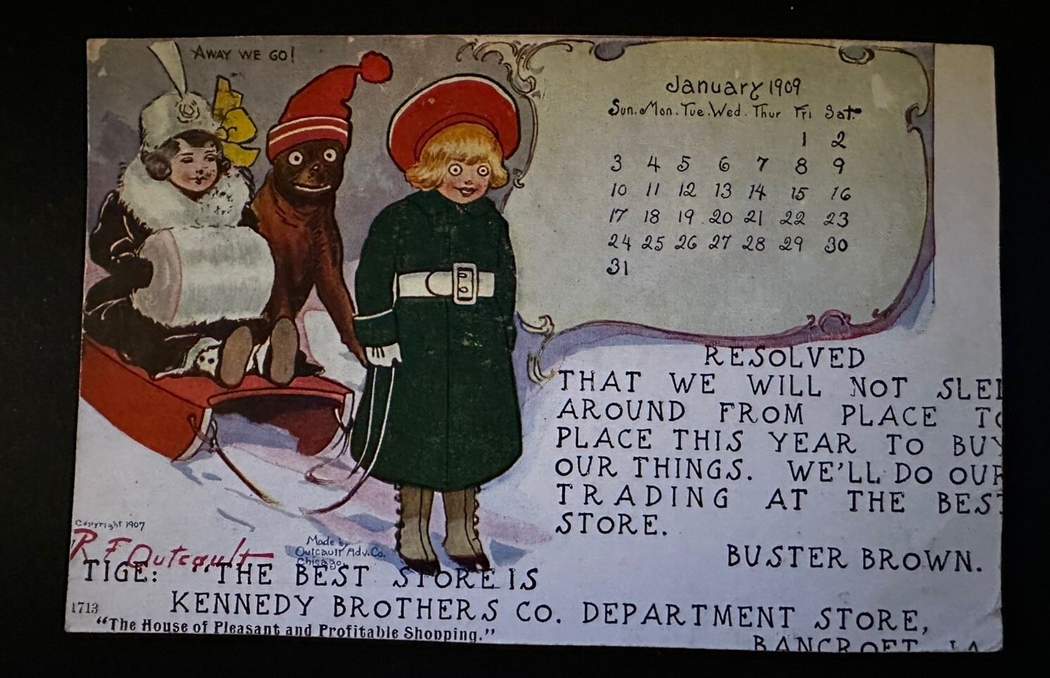 R.F. Outcault Postcard Calendar January 1908 Kennedy Store in Bancroft,Iowa~b533