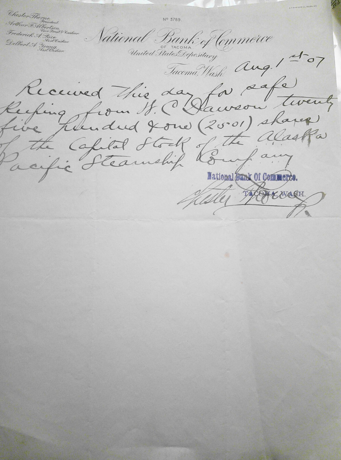 1907  National Bank of Commerce, Tacoma, - receipt - stock held for safekeeping