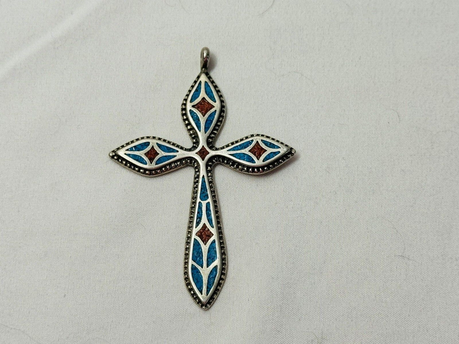 Signed Beautiful Sterling Silver Turquoise Multi-Color Cross Pendant Jewelry
