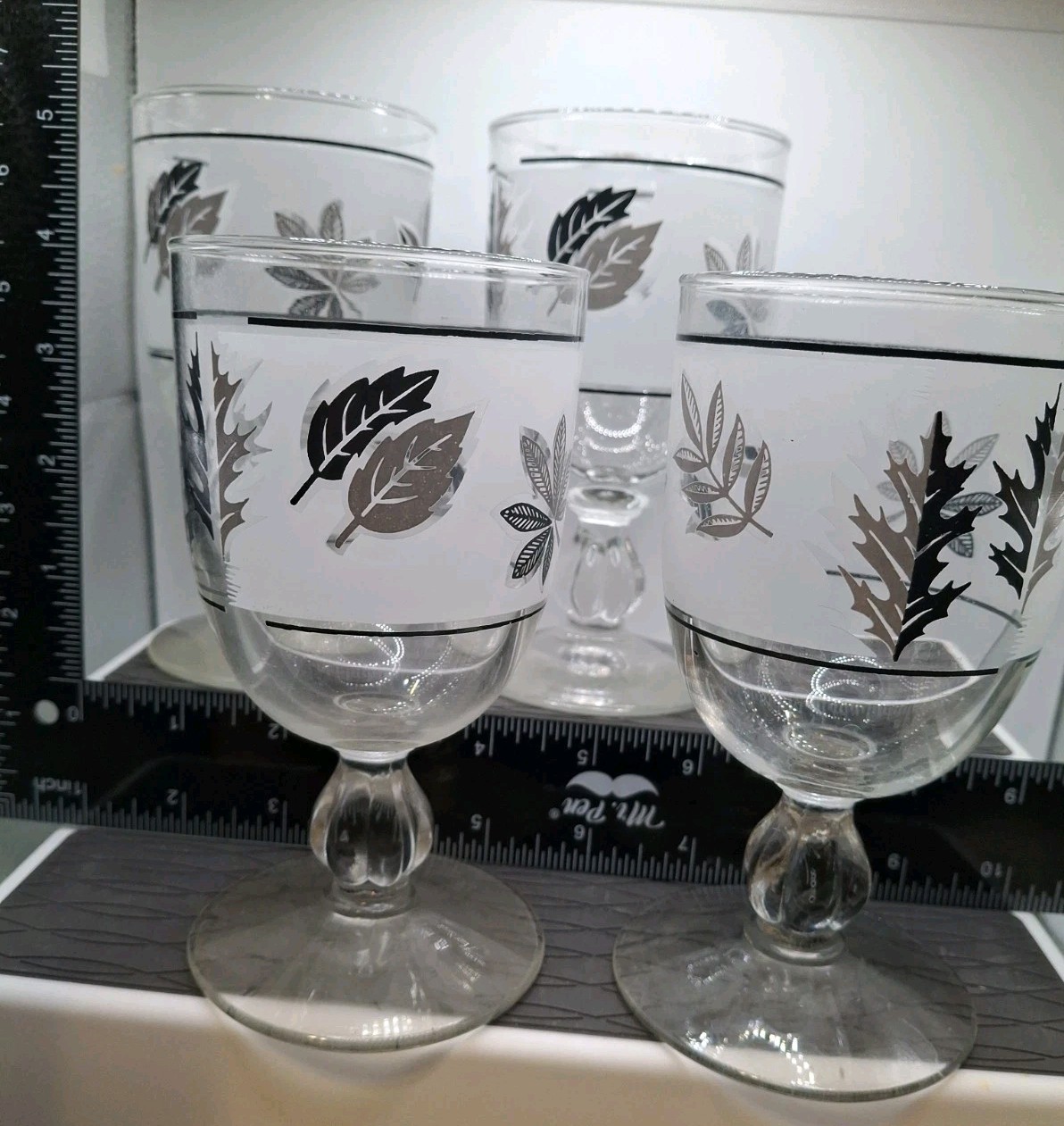 4 Vintage MCM Libbey Frosted Silver Leaf Foliage Stemmed Wine/Water Goblets 5.5”