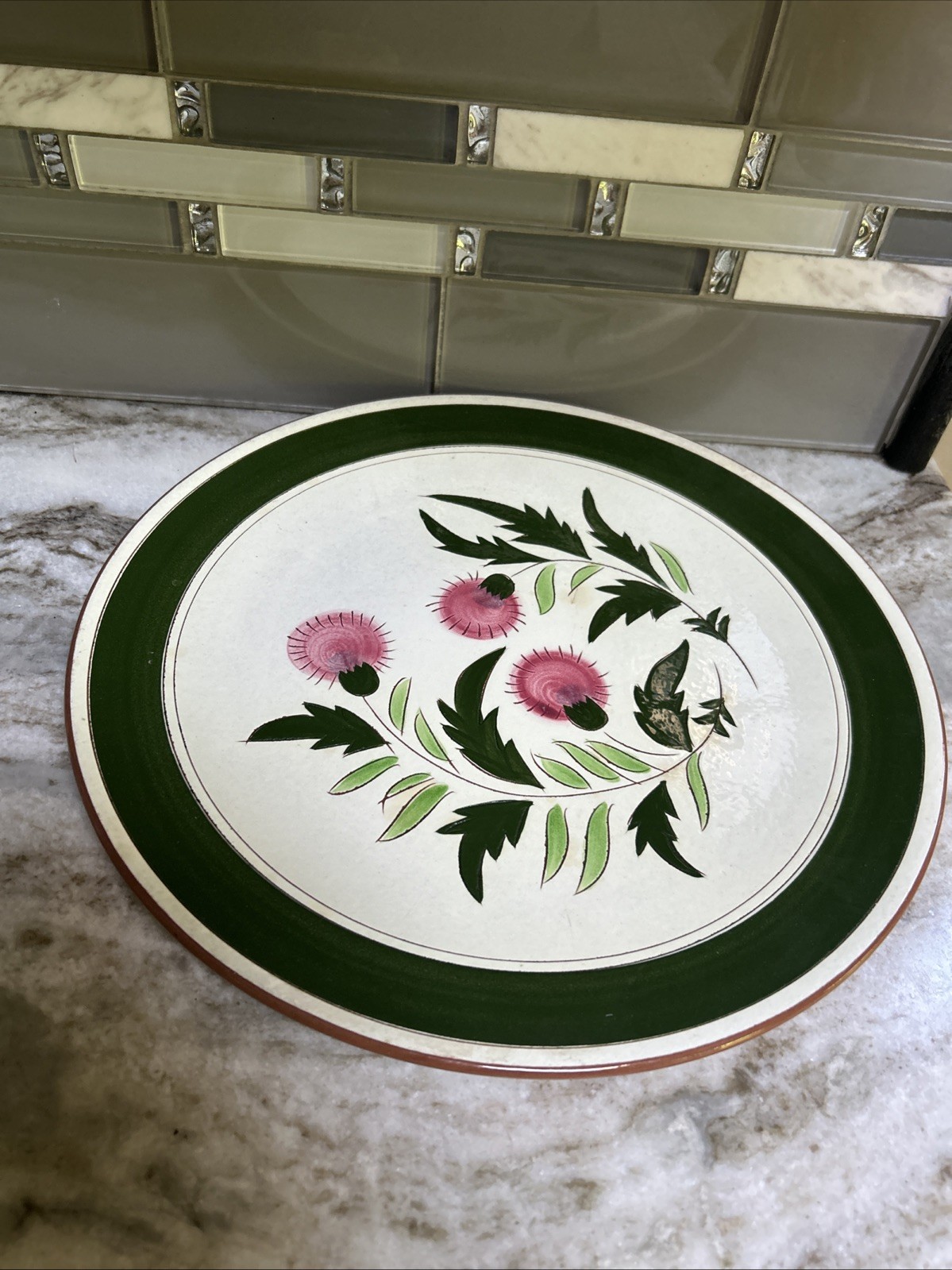 STANGL POTTERY Thistle Round Serving Platter 12” Green/ Pink Flowers Retro