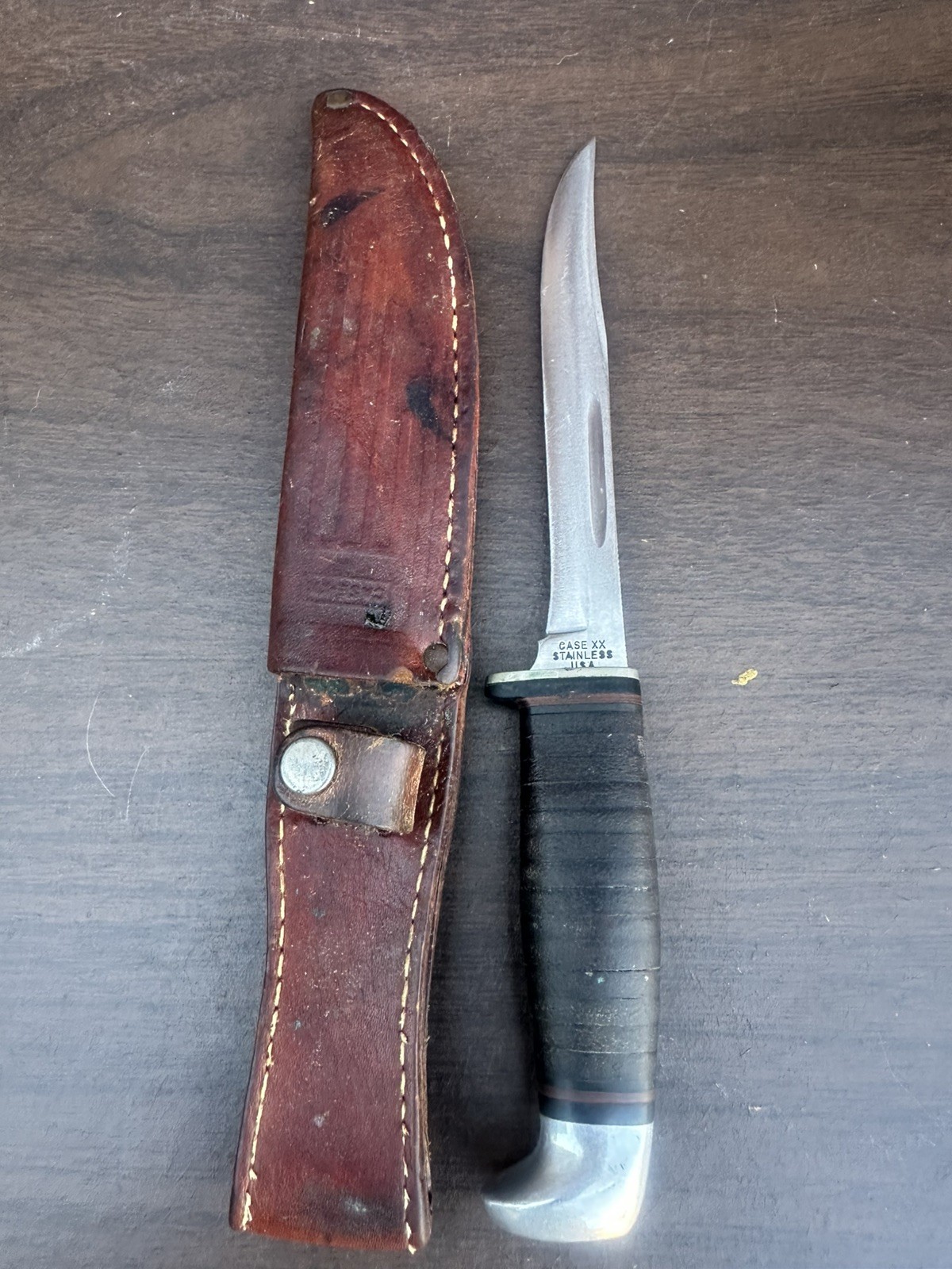 Vintage Case XX USA 316-5 SSP Fixed Blade Hunting Knife Stacked Leather Sheath Vintage Case XX USA 316-5 SSP Fixed Blade Hunting Knife Stacked Leather Sheath