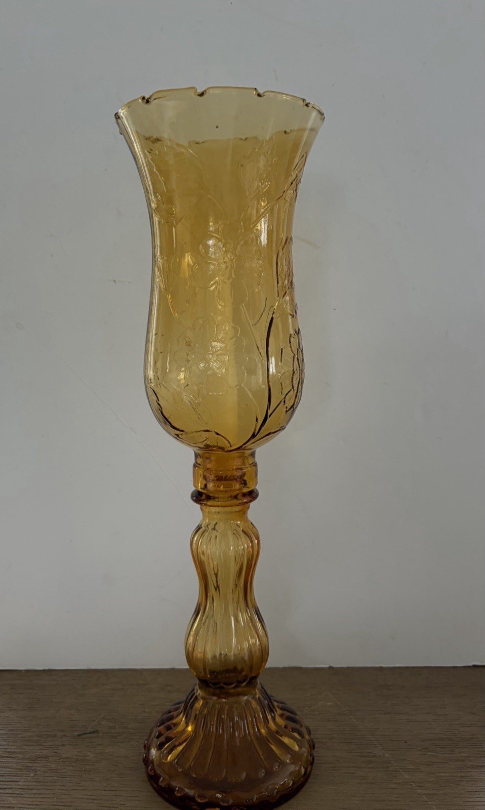 Vtg 17.5” Tall Amber Glass Candleholder W/Floral Hurricane Globe
