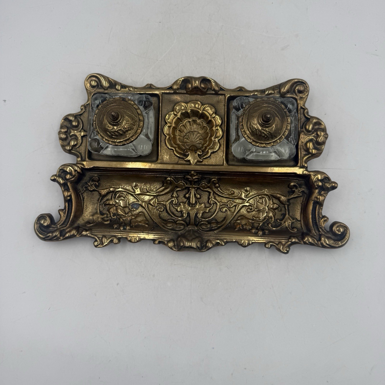 Antique Art Nouveau Brass Desk Inkwell Pen Rest Double Glass Wells