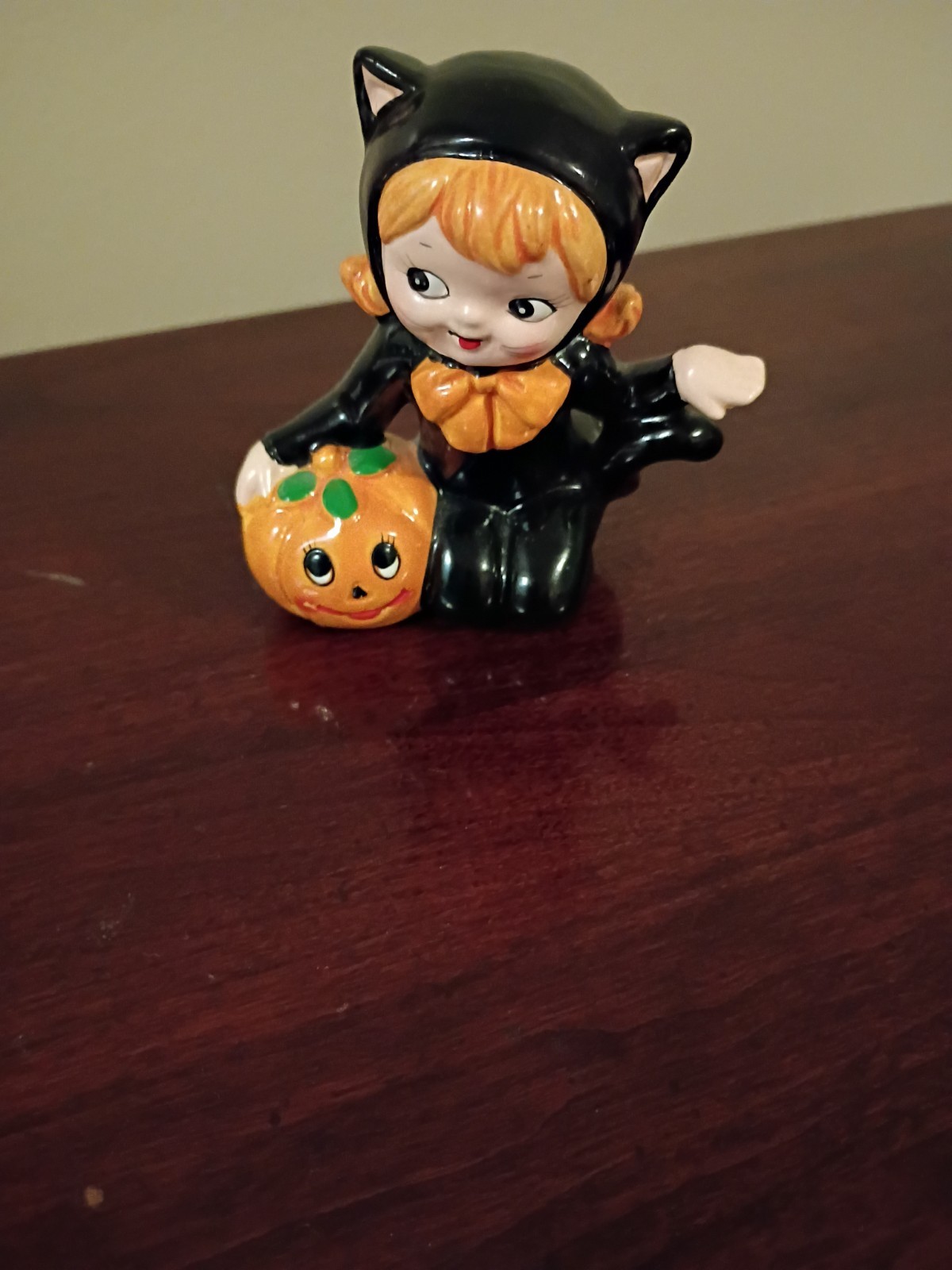 Vintage Left In Halloween Black Cat Porcelain Girl With Pumpkin Japan Vtg HTF 