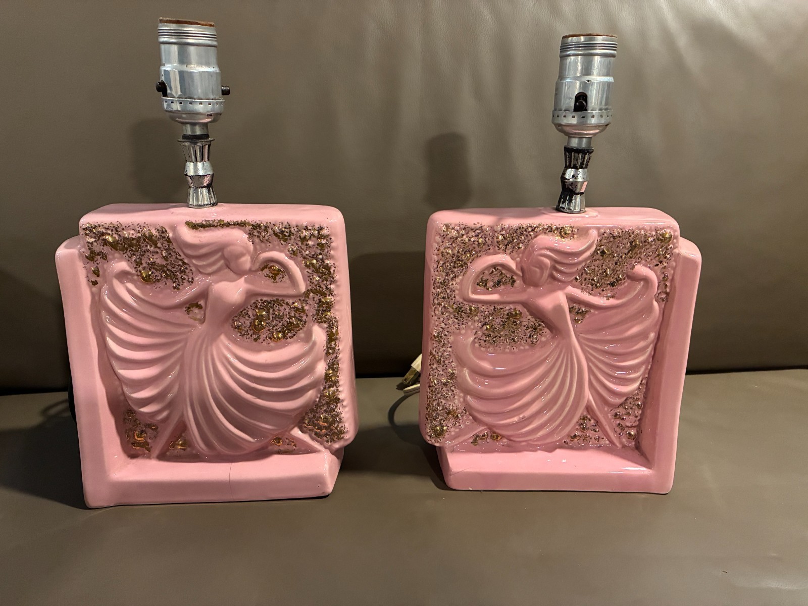 Pair Vintage Ceramic Pink/Gold Lady Dancing Lamps Boudoir C. Mid 1930s - Working