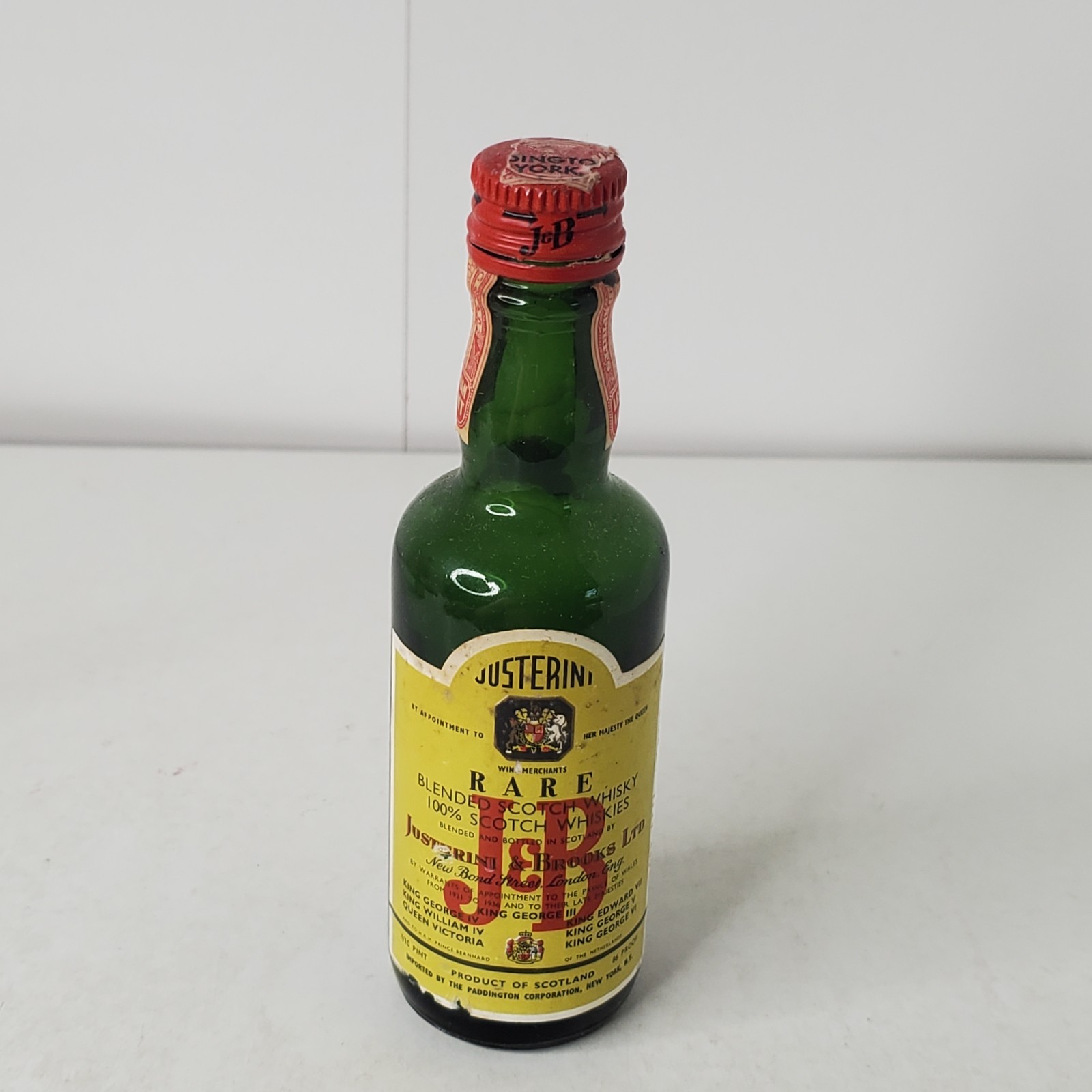 Vintage 1970s J&B Rare Scotch Whisky Mini Bottle EMPTY Tax Strip Green Glass