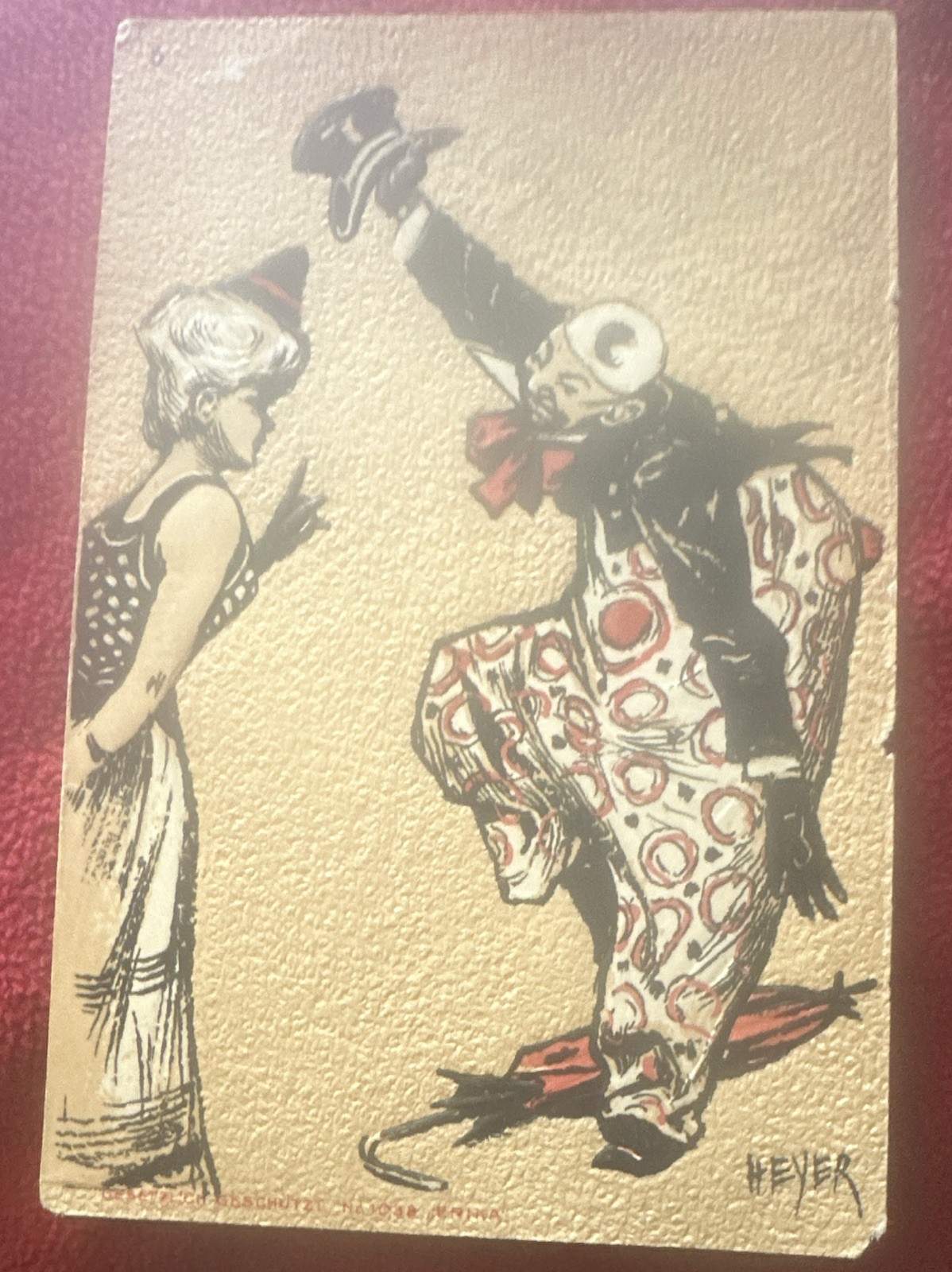 Vtg jungend art nouveau style Clown & Girl Illustration Postcard,Heyer used
