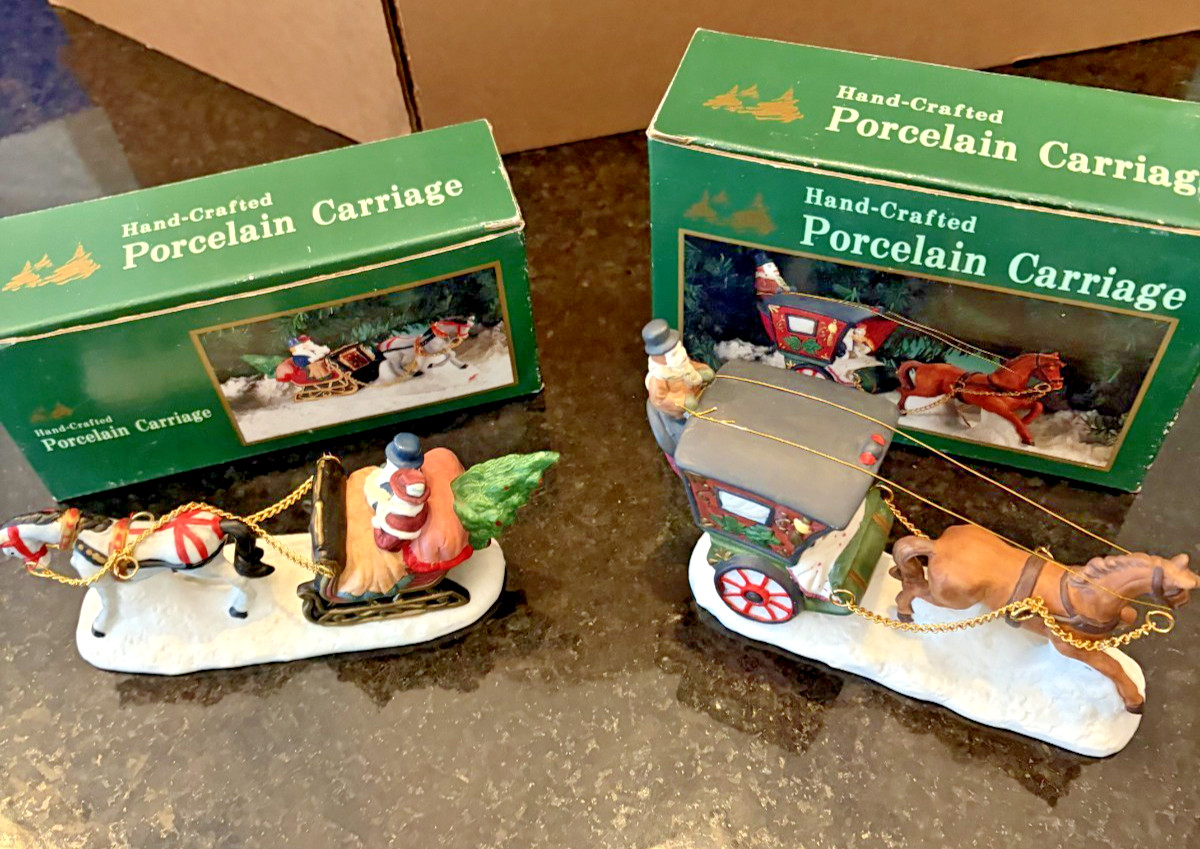 Hand Crafted Porcelain Christmas Carriages Lot of 2 Horse Drawn Coaches Boxed
