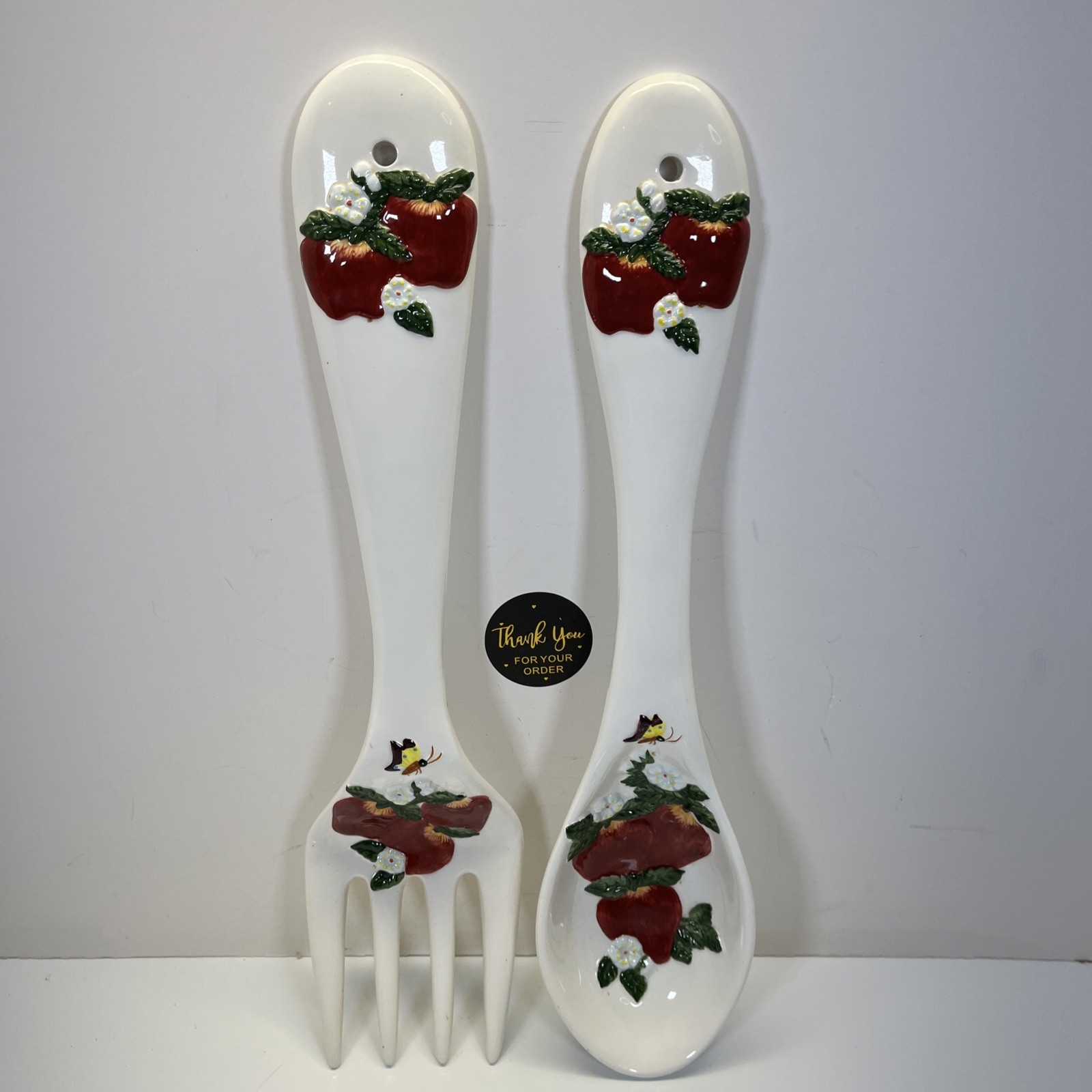 Ceramic Hand Painted Apples Butterfly Art Spoon & Ladle 17” Vintage 1979 Ceramic Hand Painted Apples Butterfly Art Spoon & Ladle 17” Vintage 1979