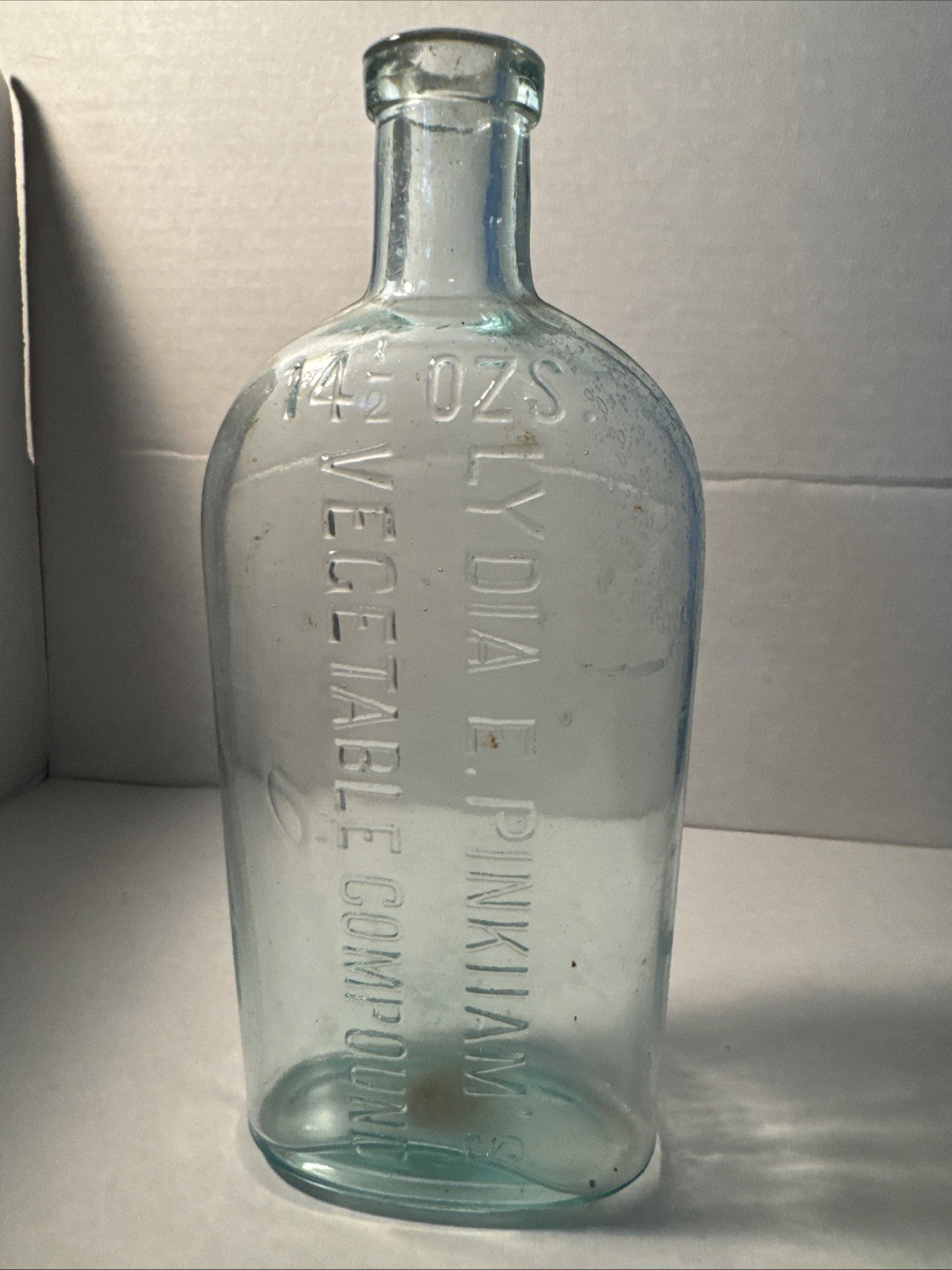 Antique 14.5 oz Lydia Pinkham Vegetable Compound Bottle c 1890 Aqua Glass 8.5”