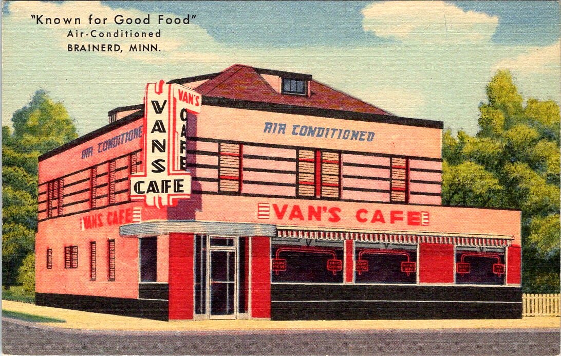 Van's Cafe, BRAINERD, Minnesota Linen Advertising Postcard - Curt Teich