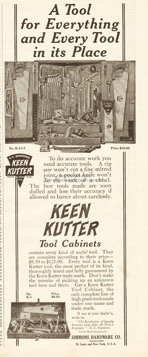 1910 Keen Kutter Tool Cabinet No. K-11-C K-1 Simmons Hardware St Louis MO Ad