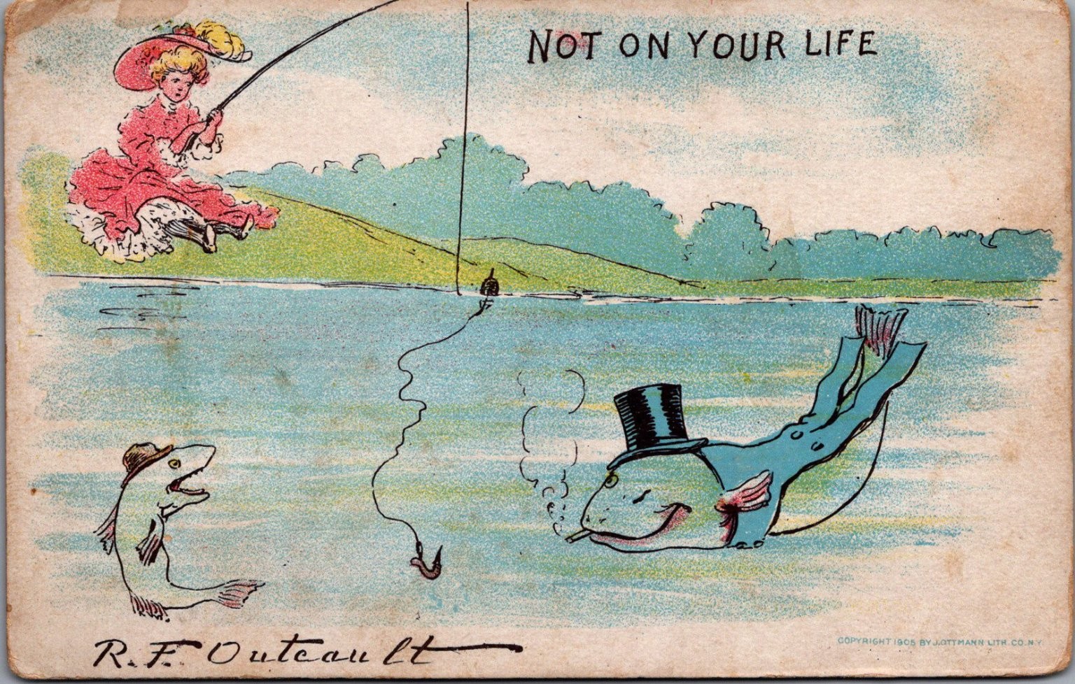 R.F. Outcault 1908 Comic Postcard NOT ON YOUR LIFE Fishing Fish Suit Cigar R.F. Outcault 1908 Comic Postcard NOT ON YOUR LIFE Fishing Fish Suit Cigar