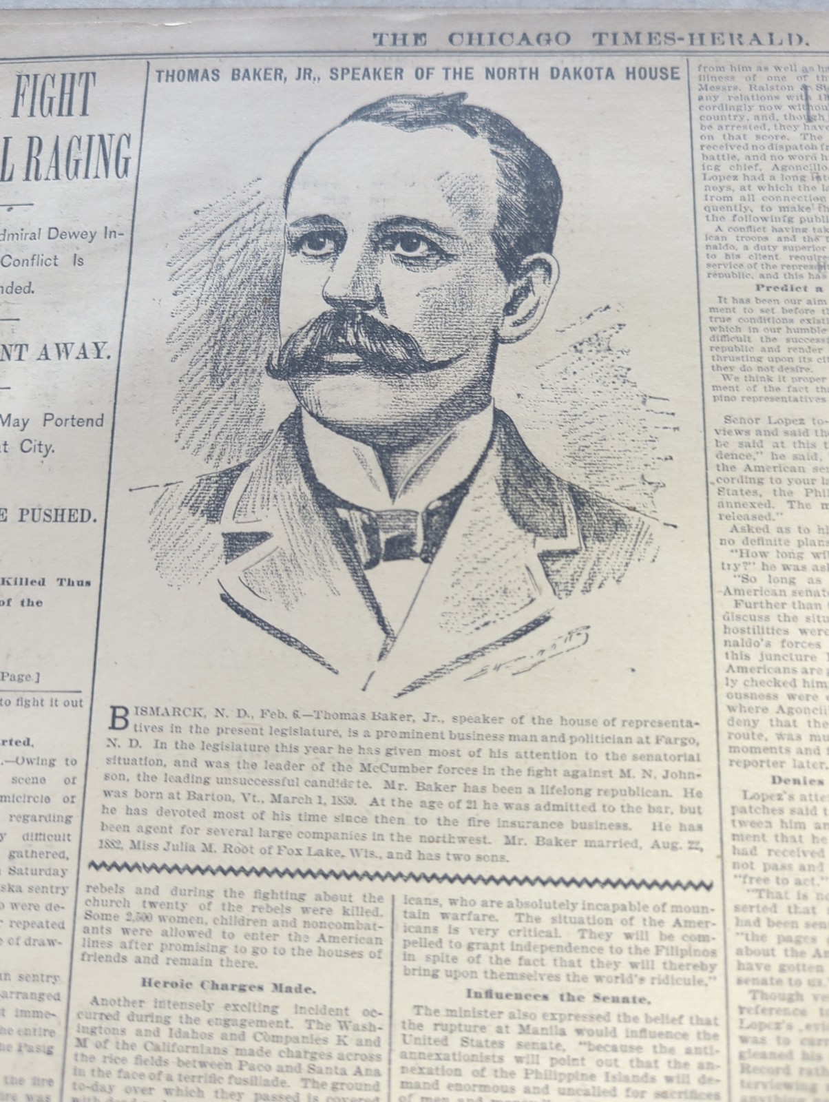 FEB 7, 1899 NEWSPAPER PG #3044- THOMAS BAKER, JR, SPEAKER OF  NORTH DAKOTA HOUSE