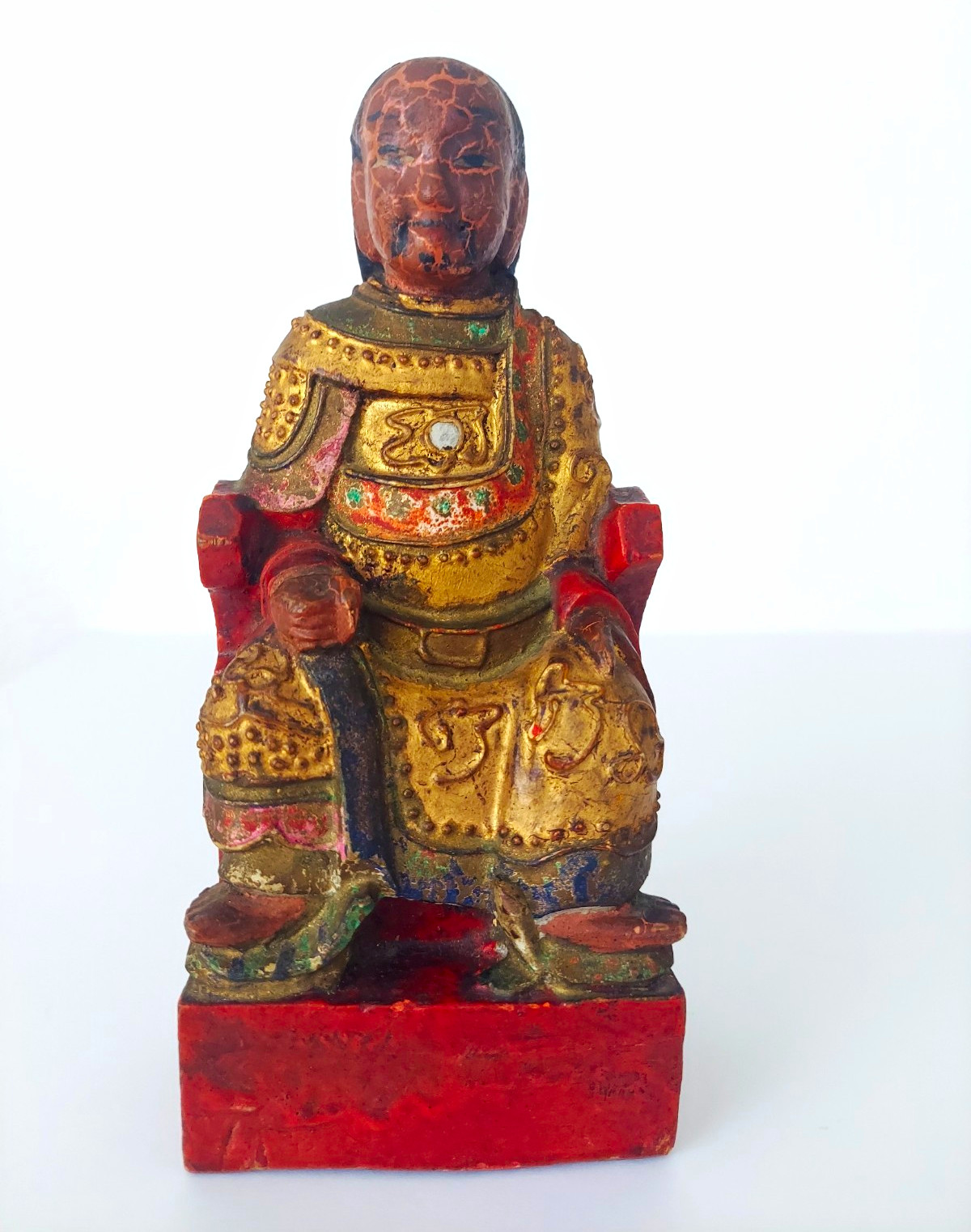 Vintage Chinese Seated Deity Statue Hand Painted Wood Throne Temple Folk Art