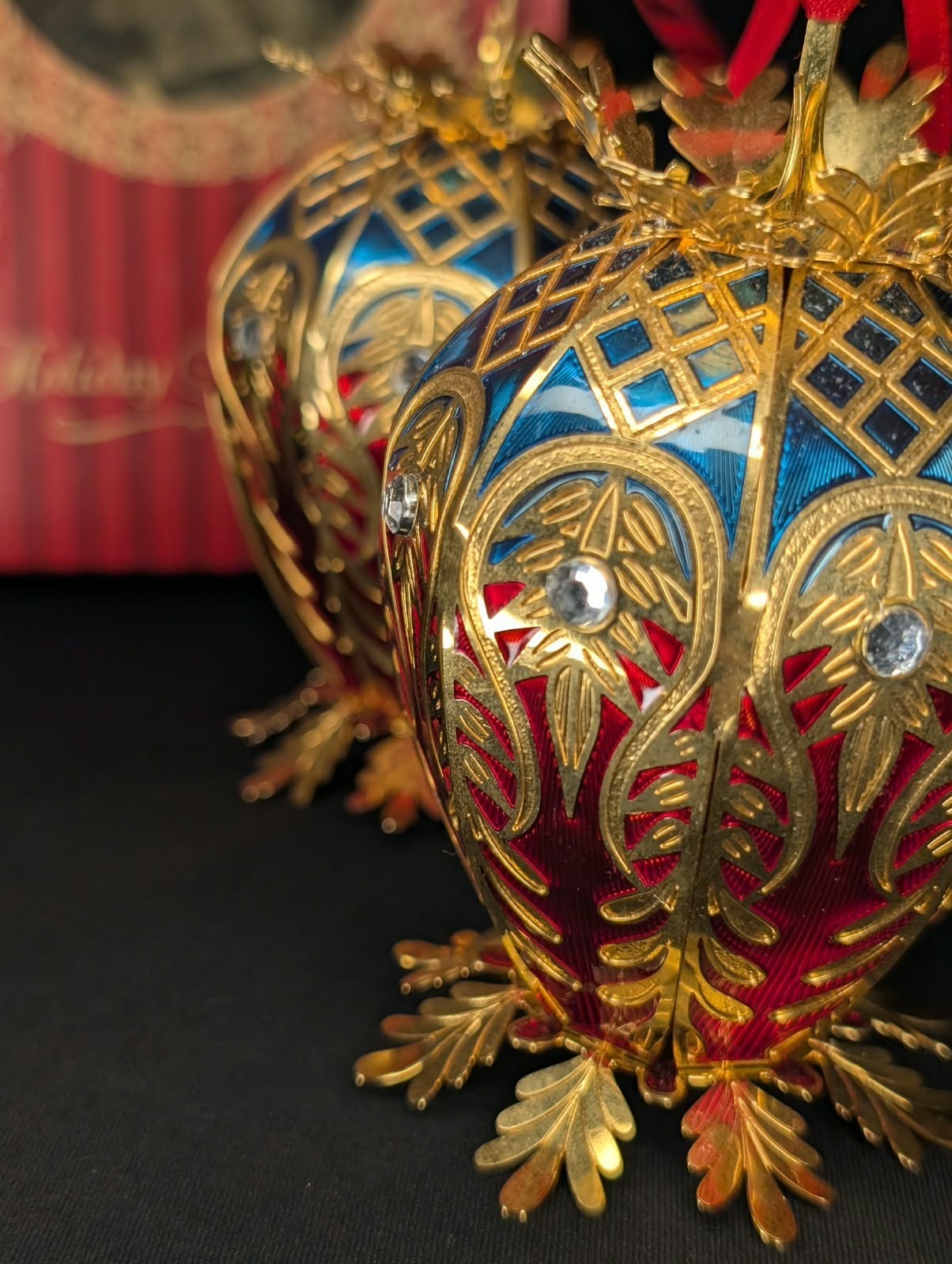 Pair of  Vintage Waterford Holiday Heirlooms Royale Peacock Jewelled Egg Ornamen