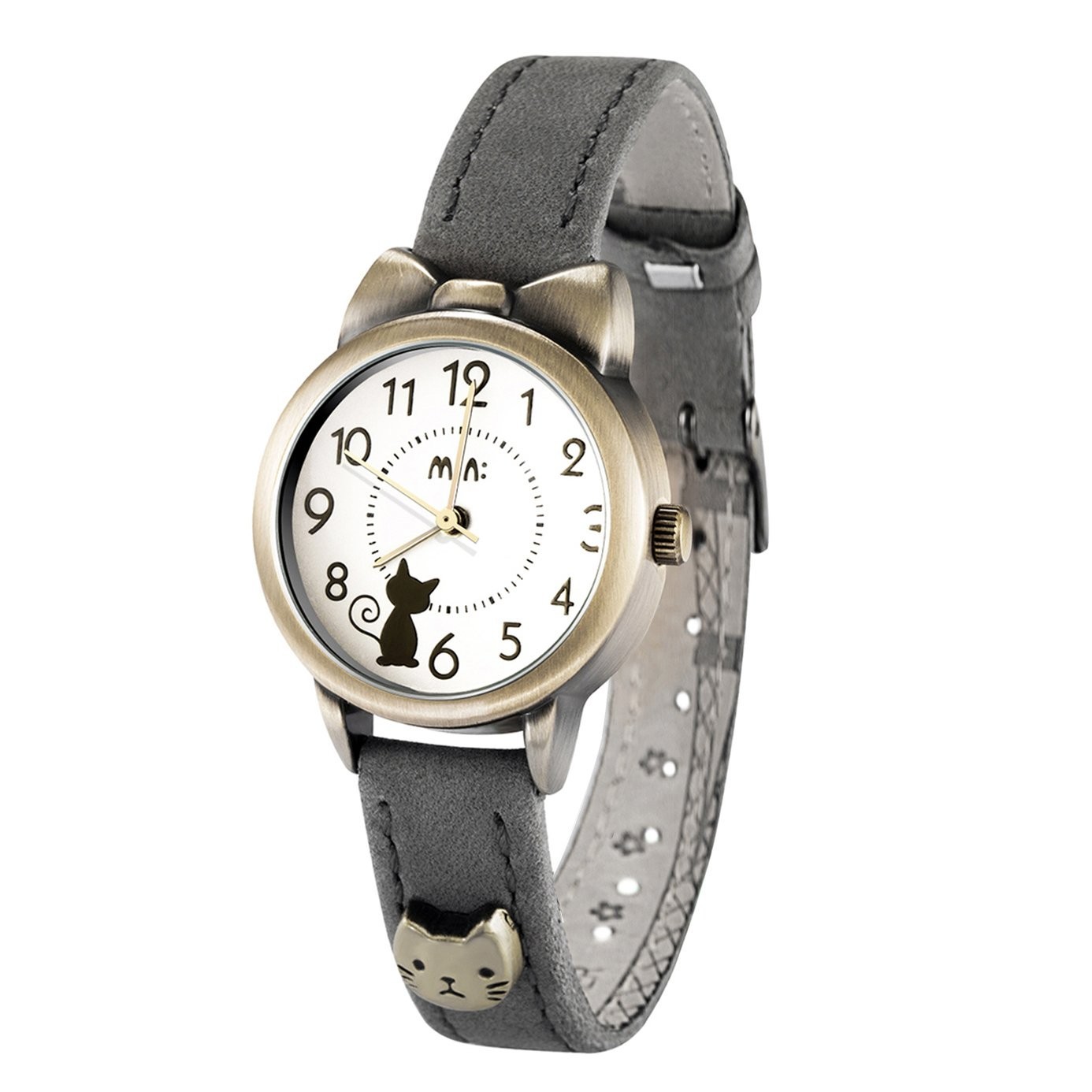 Girls Womens Cat Watch Gray Leather Strap Bowknot Case Japanese Quartz 30M