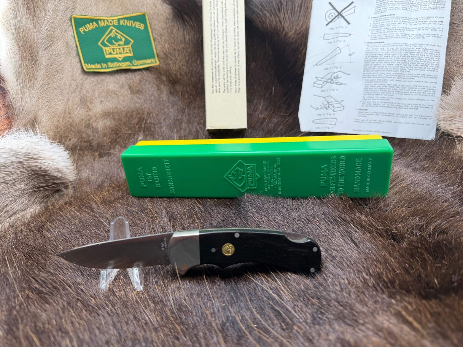 1982 Puma Vintage 725 Lockback Knife Pakkawood Handles Mint In Puma G/Y Box 