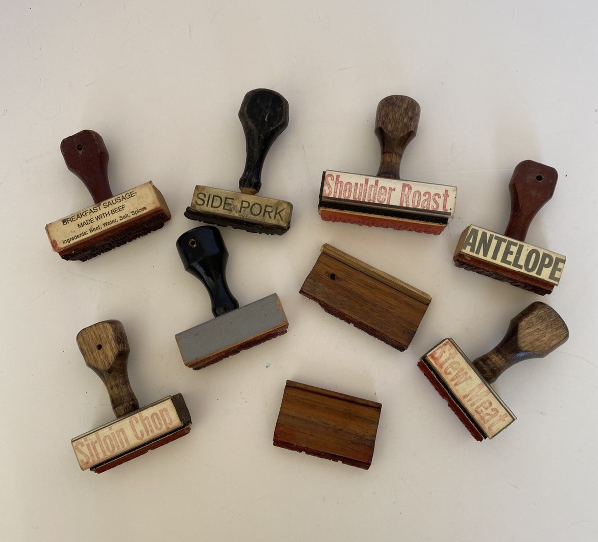 Lot 9 Vintage Wood Handle Rubber Ink Butchers\' Stamps Sirloin Chop Stew Meat