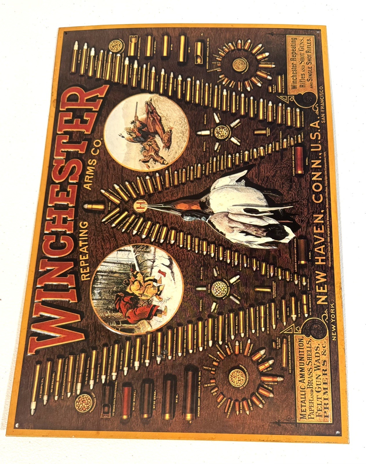 Vintage Winchester Repeating Arms Cartridge Board Metal Tin Sign 16x12 Decor